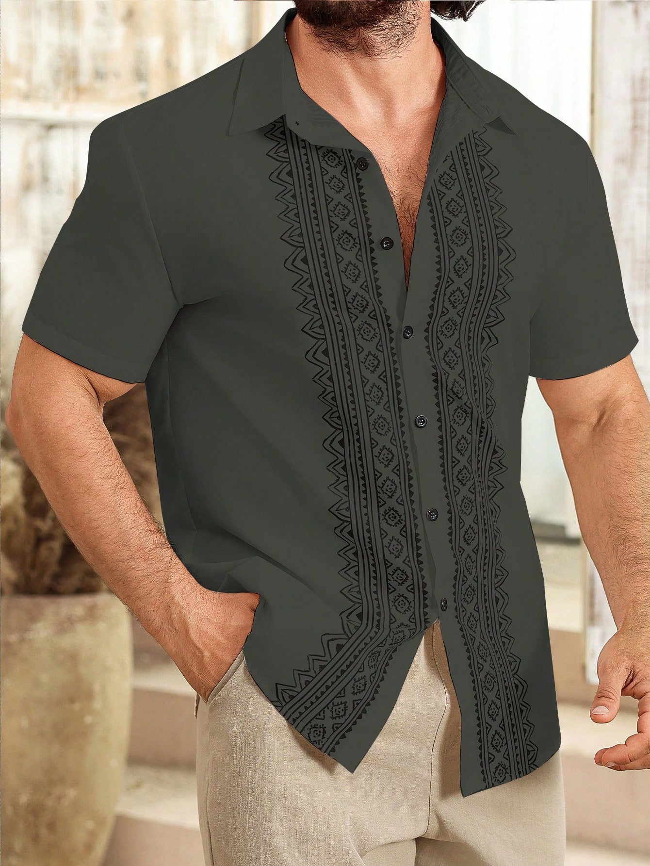 Camisa Masculina De Botão Bordado Étnico Estilo Refinado Verde Escuro / PP Camisa Masculina De Botão Bordado Étnico