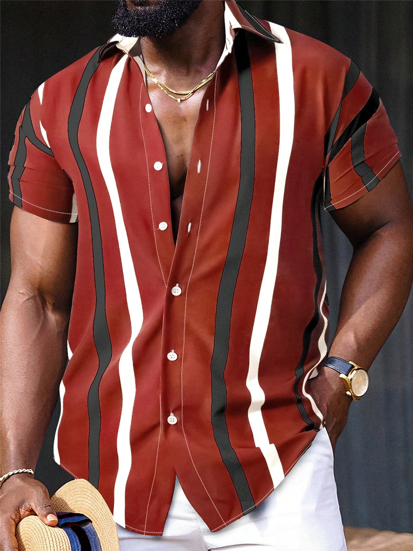 Camisa Masculina De Botão Listras Verticais Estilo Casual Vermelho / PP Camisa Masculina De Botão Listras Verticais