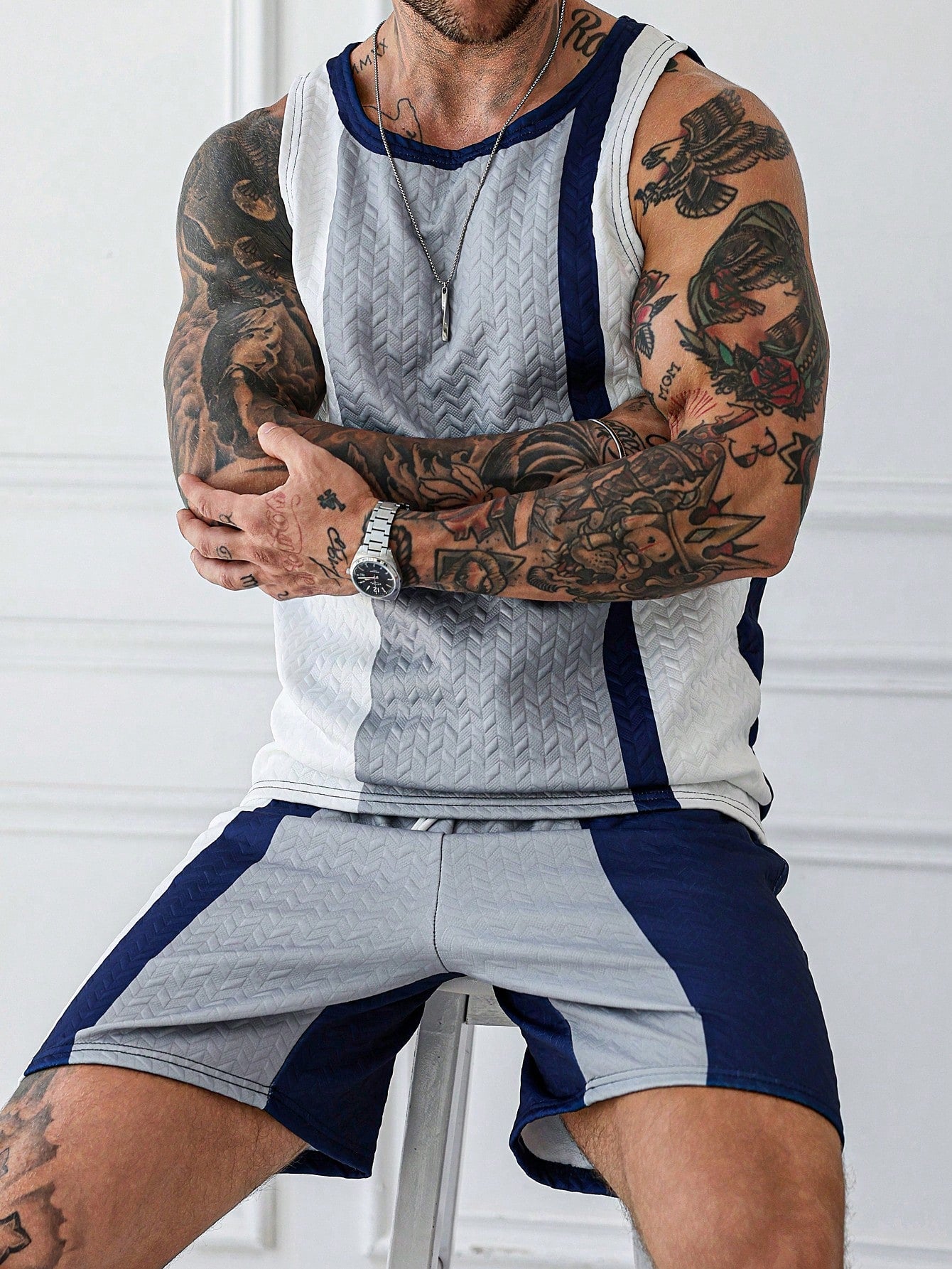 Conjunto Masculino Regata Patchwork Tricolor E Shorts Cós Ajustável Conjunto Masculino Regata Patchwork Tricolor E