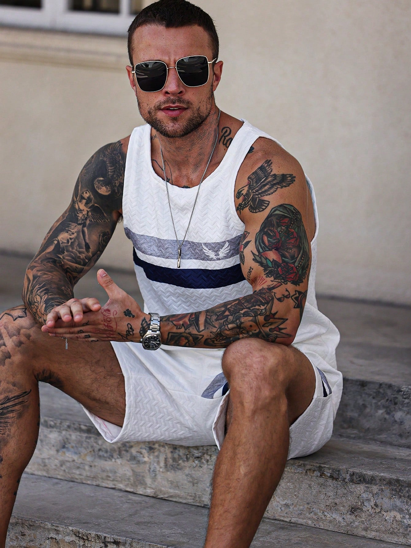 Conjunto Masculino Regata Com Estampa De Asas E Shorts Cós Ajustável Conjunto Masculino Regata Com Estampa De Asas E