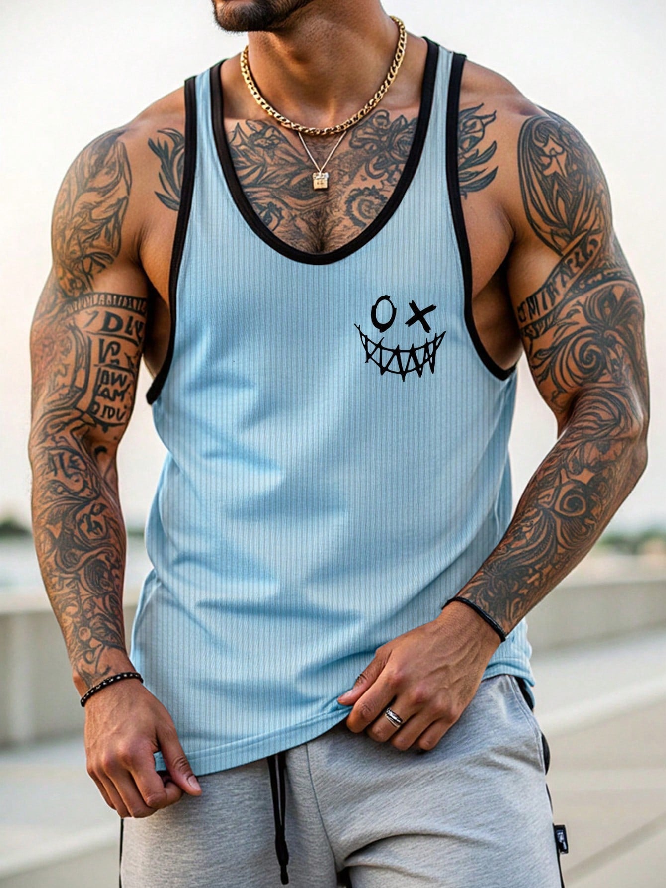 Camiseta Regata Masculina Estampa De Sorriso Gola Ajustada Azul / PP Camiseta Regata Masculina Estampa De Sorriso Gola