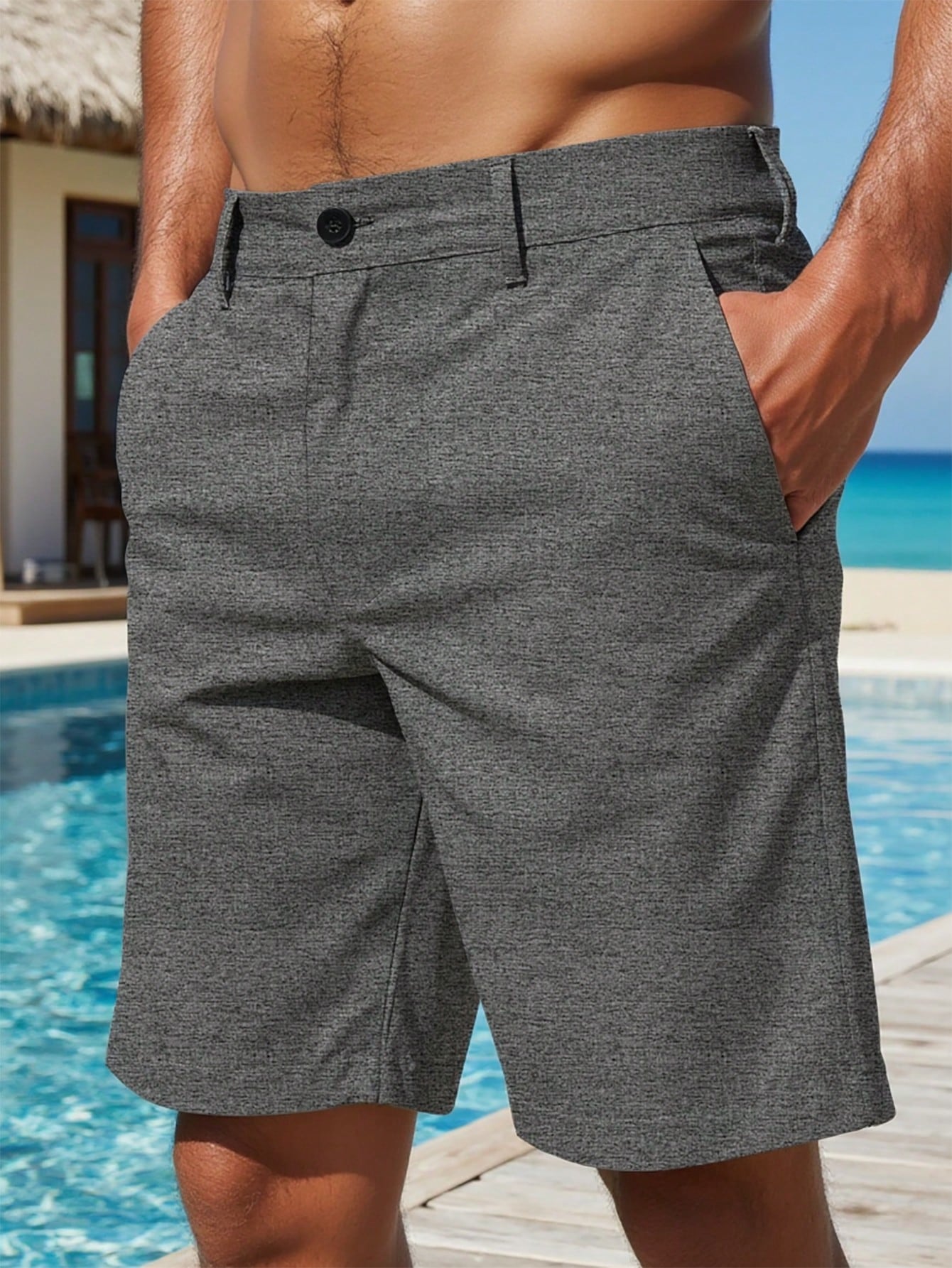 Shorts Masculino Linho Com Bolsos Diagonais E Caimento Solto Cinza / PP Shorts Masculino Casual Com Bolsos Laterais E