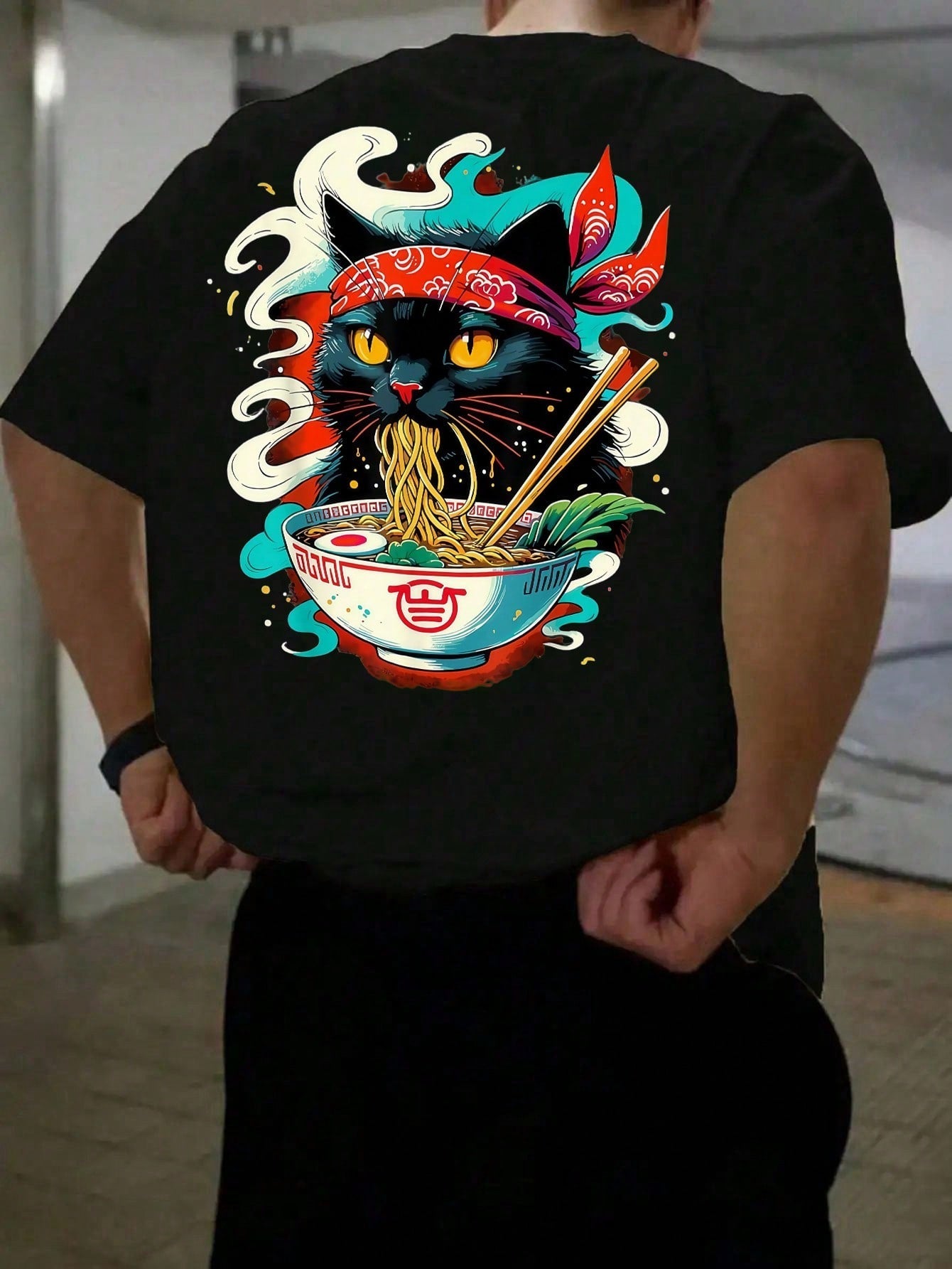 Camiseta Masculina Estampa De Gato Oriental Macarrão Preto / PP Camiseta Masculina Estampa De Gato Oriental Macarrão