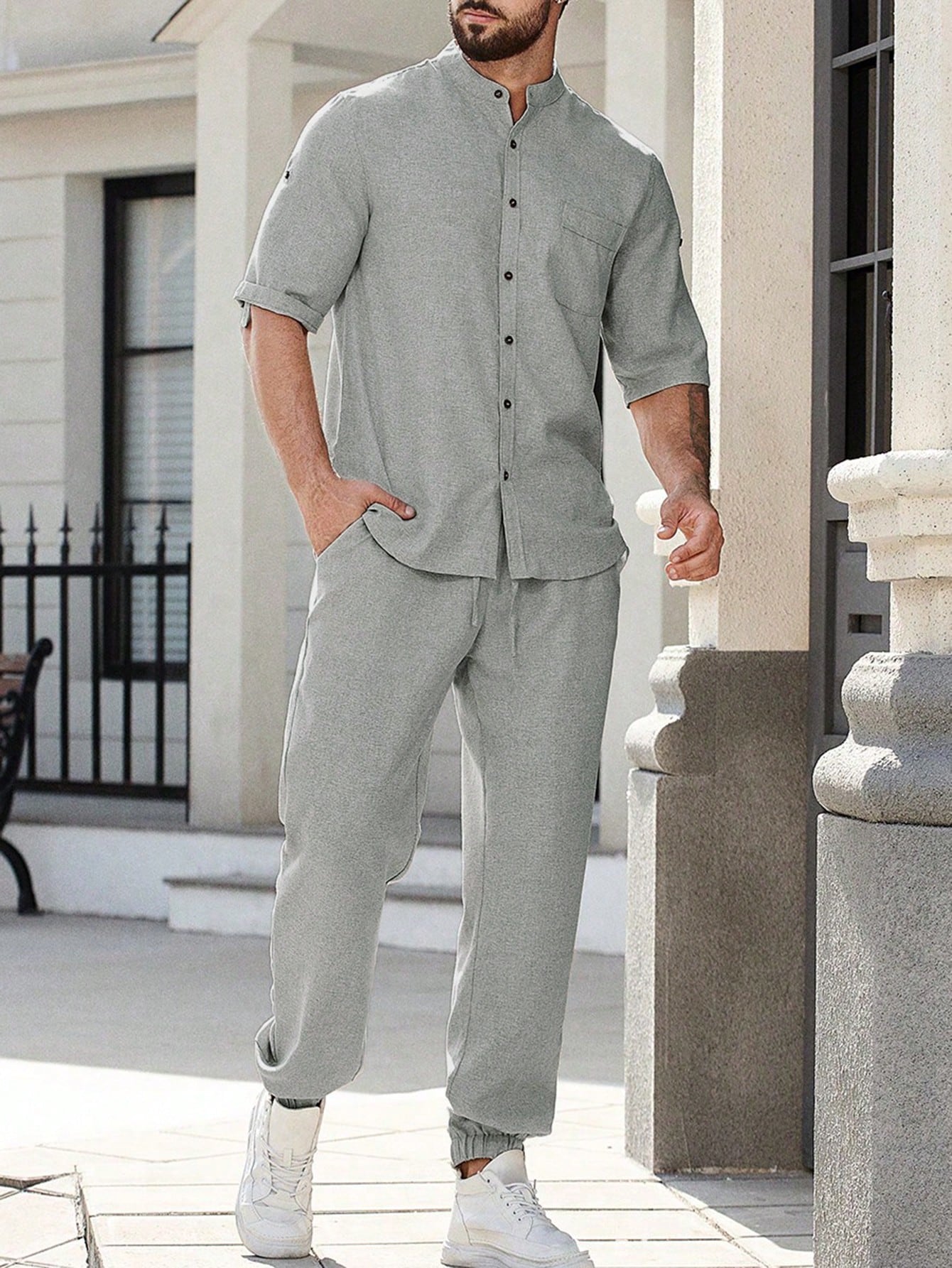 Conjunto Masculino Camisa Oversized E Calça Casual Minimalista Cinza / PP Conjunto Masculino Camisa Oversized E Calça