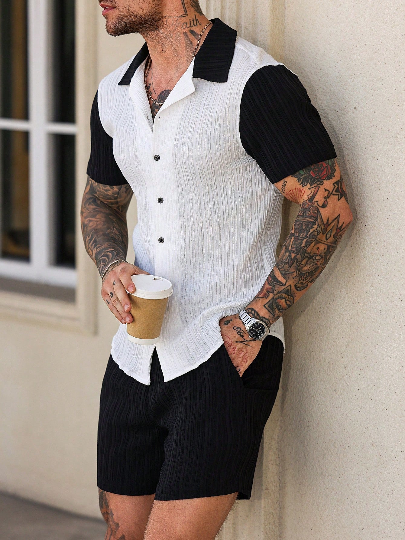 Conjunto Masculino Camisa Patchwork Manga Curta E Shorts Casuais Branco / PP Conjunto Masculino Camisa Patchwork Manga