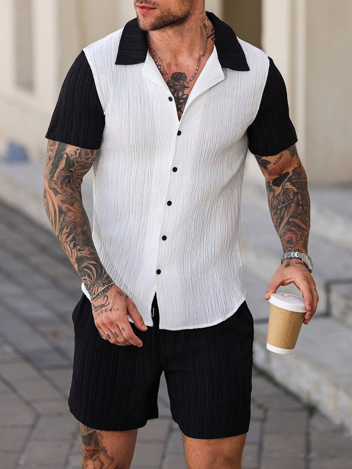 Conjunto Masculino Camisa Patchwork Manga Curta E Shorts Casuais Conjunto Masculino Camisa Patchwork Manga Curta E