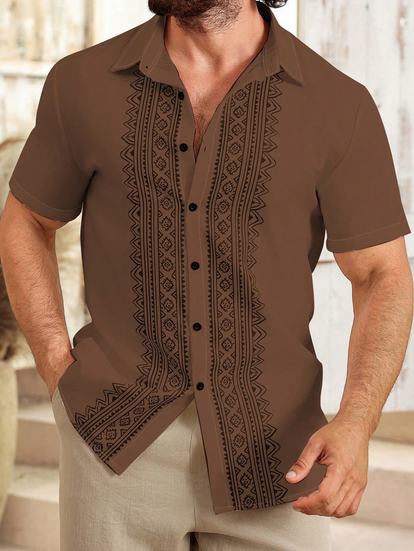 Camisa Masculina De Botão Bordado Étnico Estilo Refinado Marrom / PP Camisa Masculina De Botão Bordado Étnico Estilo