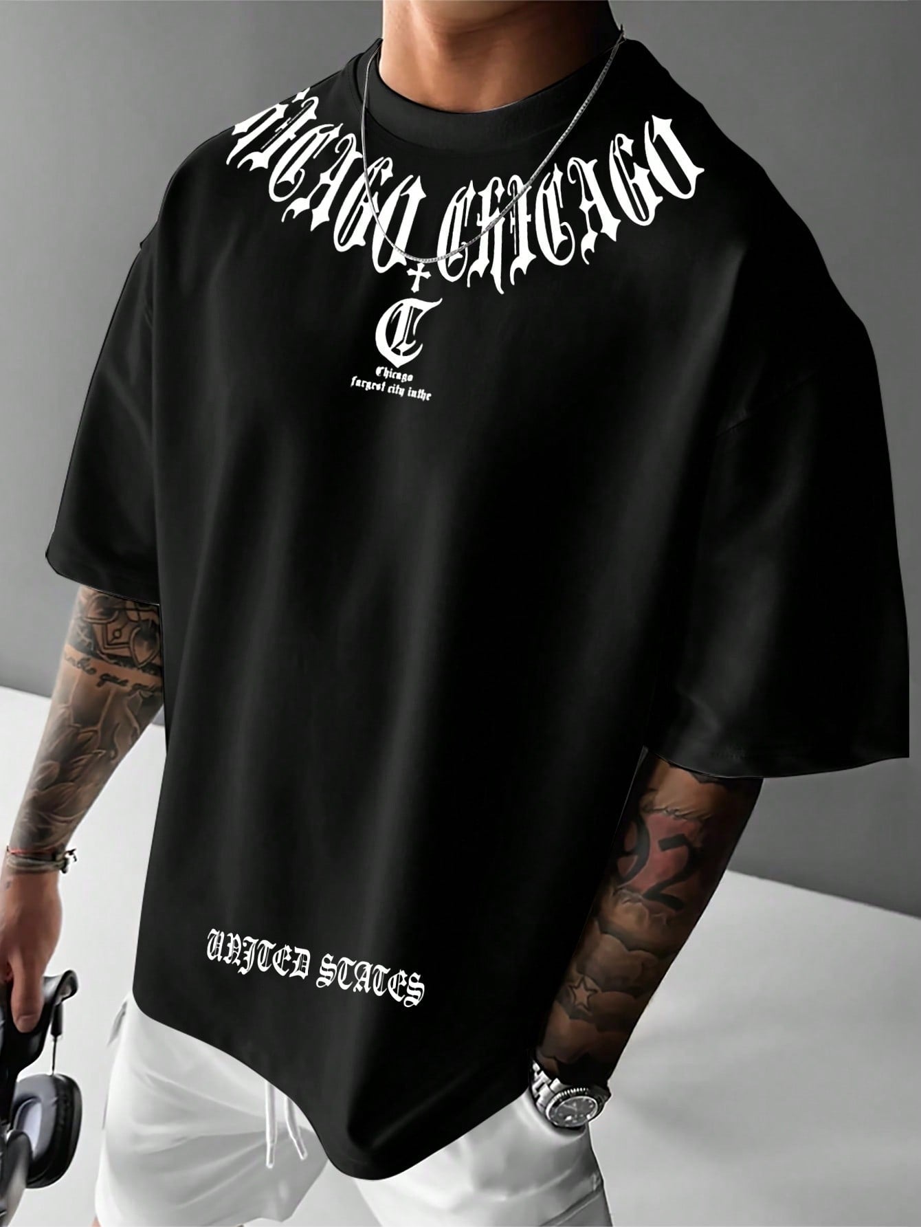 Camiseta Masculina Oversized Estampa Chicago Urbana Preto / PP Camiseta Masculina Oversized Estampa Chicago Urbana