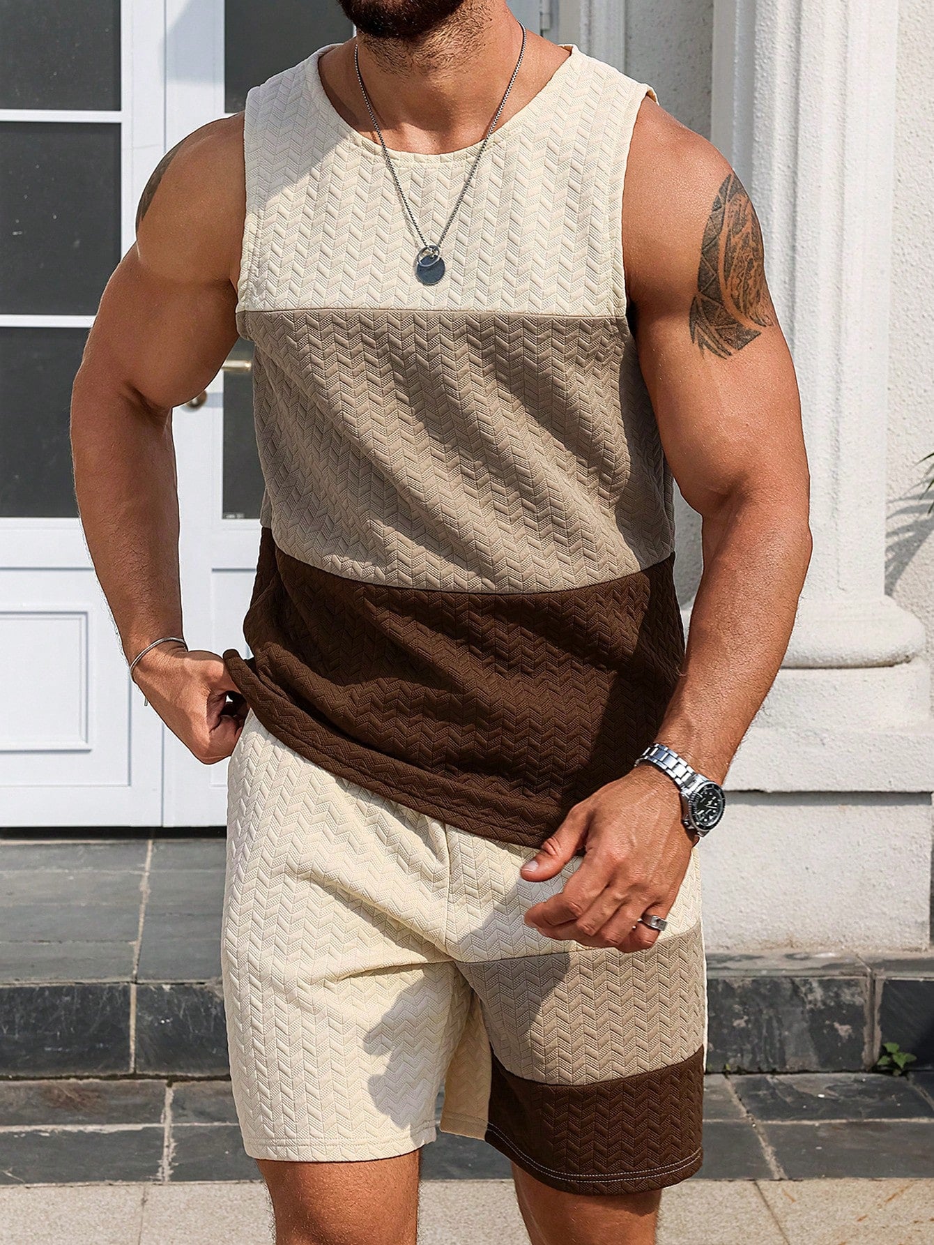 Conjunto Masculino Regata Patchwork Terroso E Shorts Cós Ajustável Conjunto Masculino Regata Patchwork Terroso E Shorts