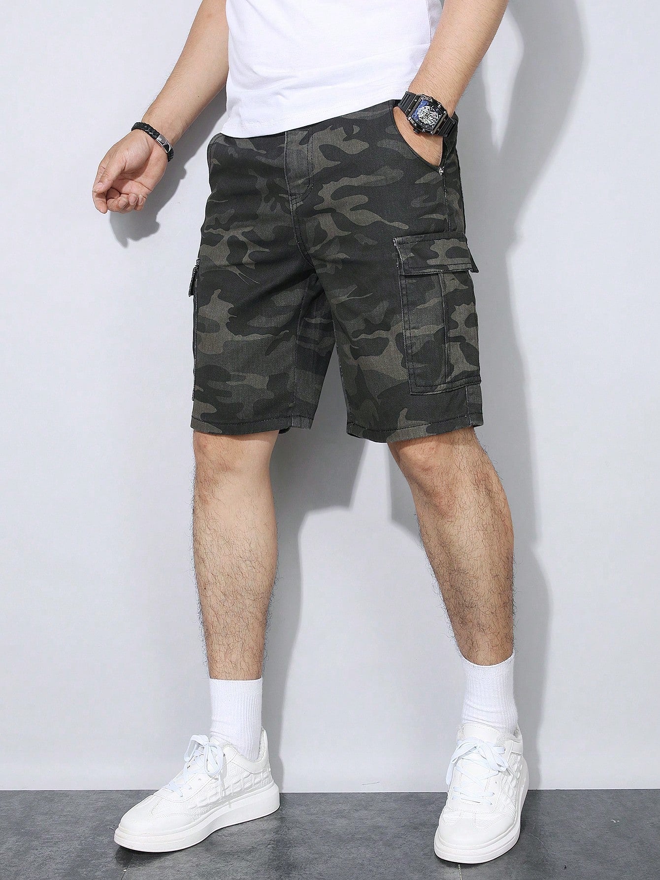 Shorts Masculino Cargo Camuflado Com Estilo Militar Urbano Verde Militar / PP Shorts Masculino Cargo Camuflado Com