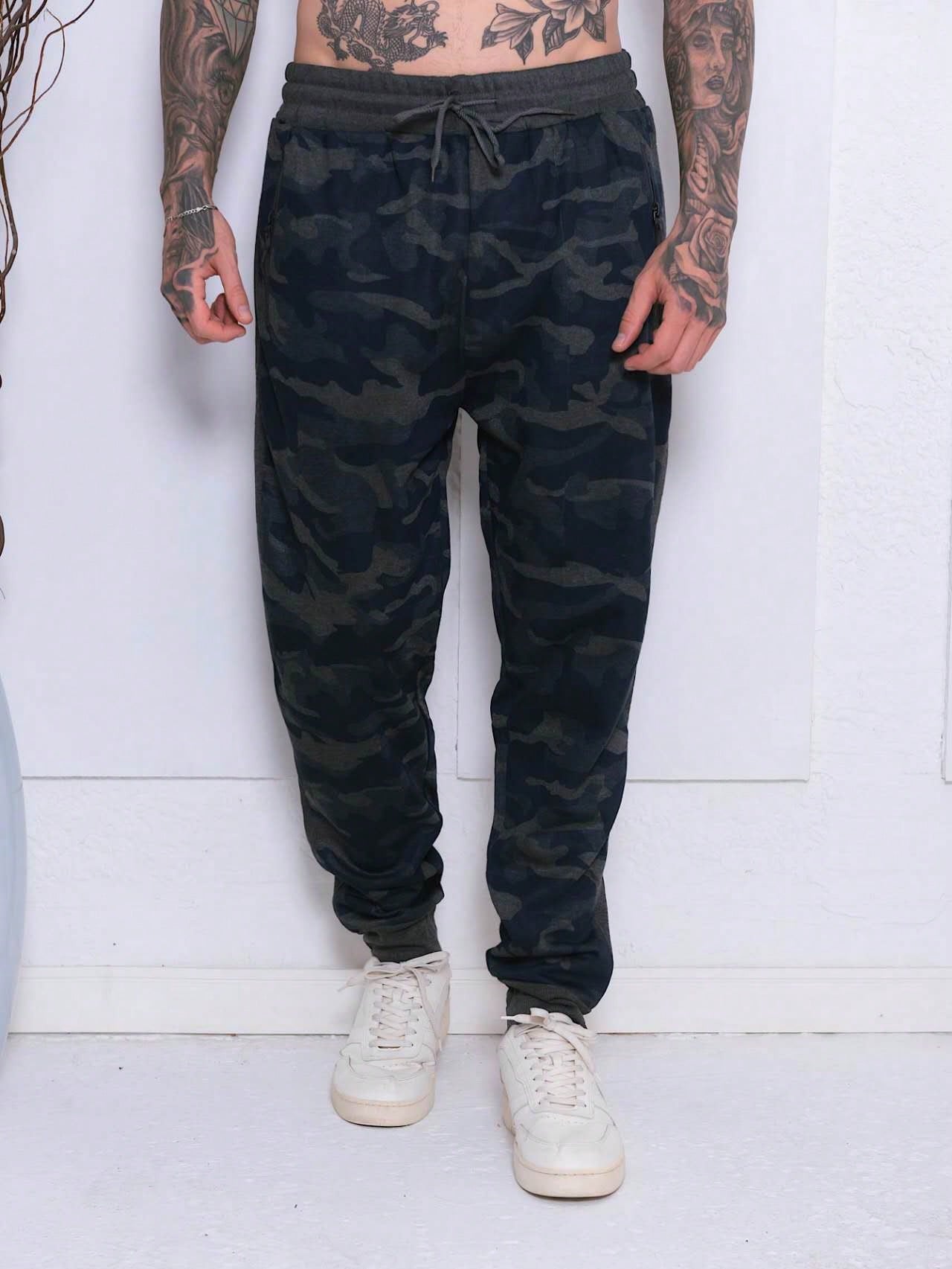 Calça Masculina Jogger Camuflada Com Cós Ajustável Azul / PP Calça Masculina Jogger Camuflada Com Cós Ajustável