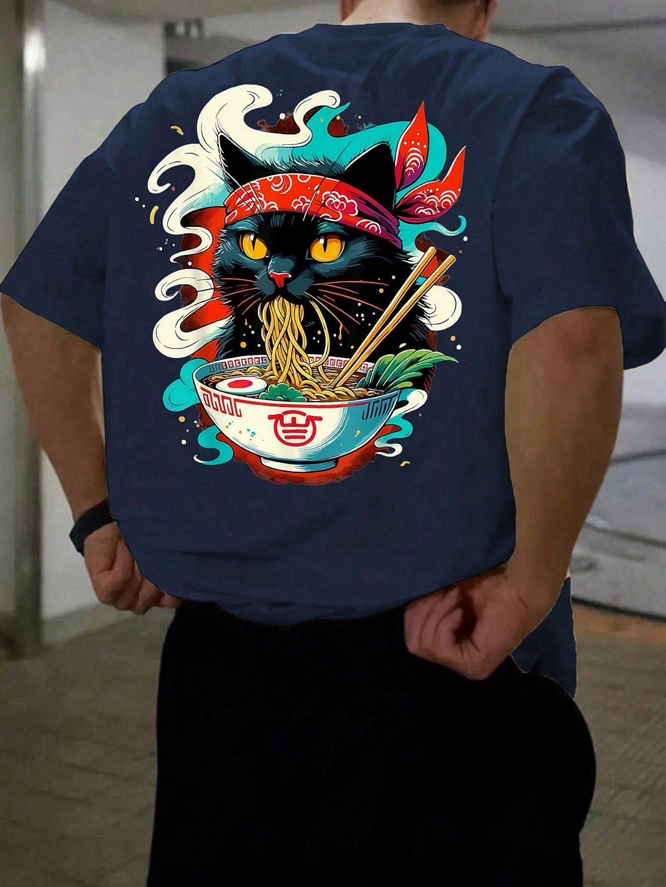 Camiseta Masculina Estampa De Gato Oriental Macarrão Azul Marinho / PP Camiseta Masculina Estampa De Gato Oriental