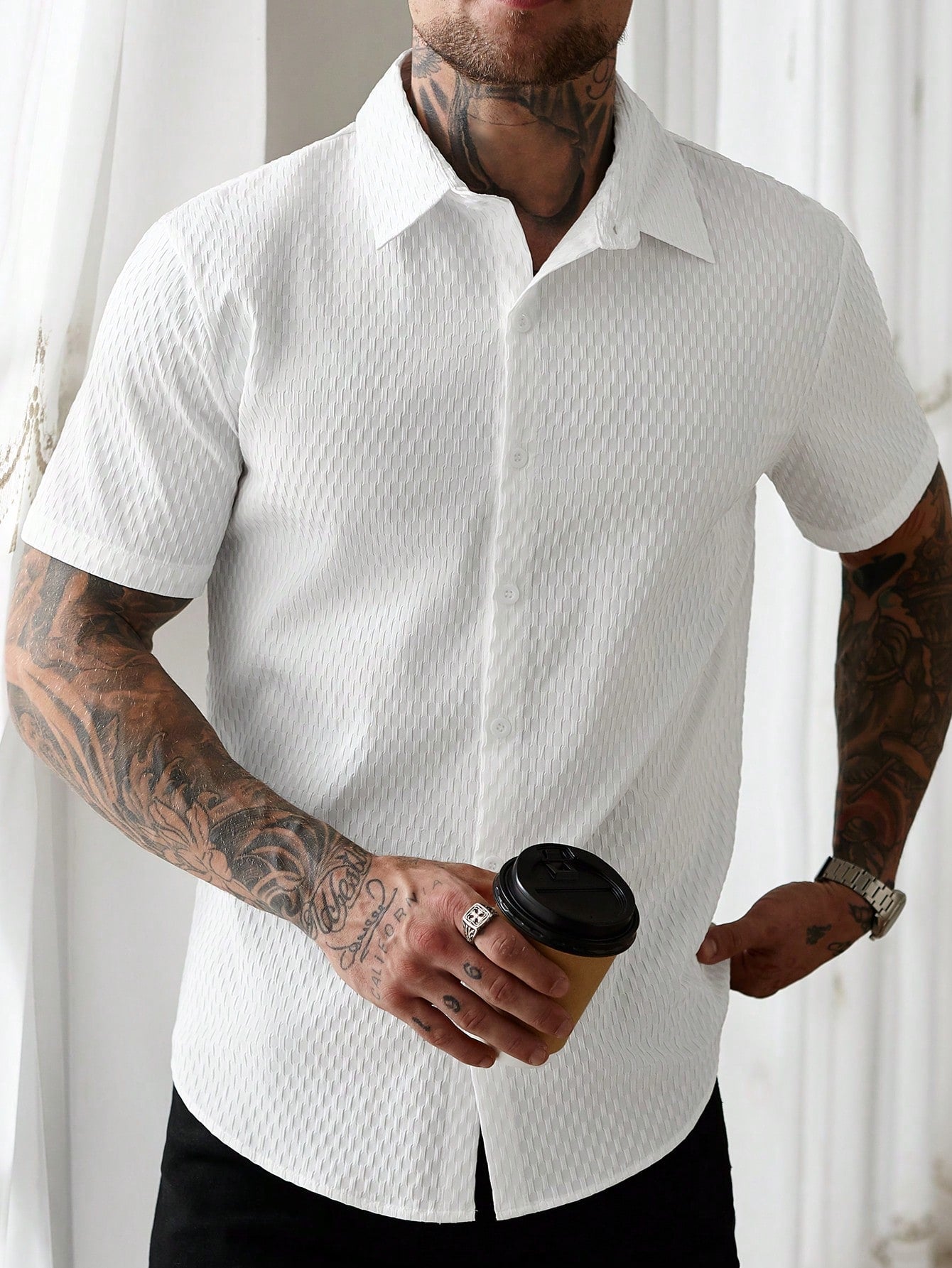 Camisa Masculina De Botão Textura Diamante Estilo Sofisticado Camisa Masculina De Botão Textura Diamante Estilo