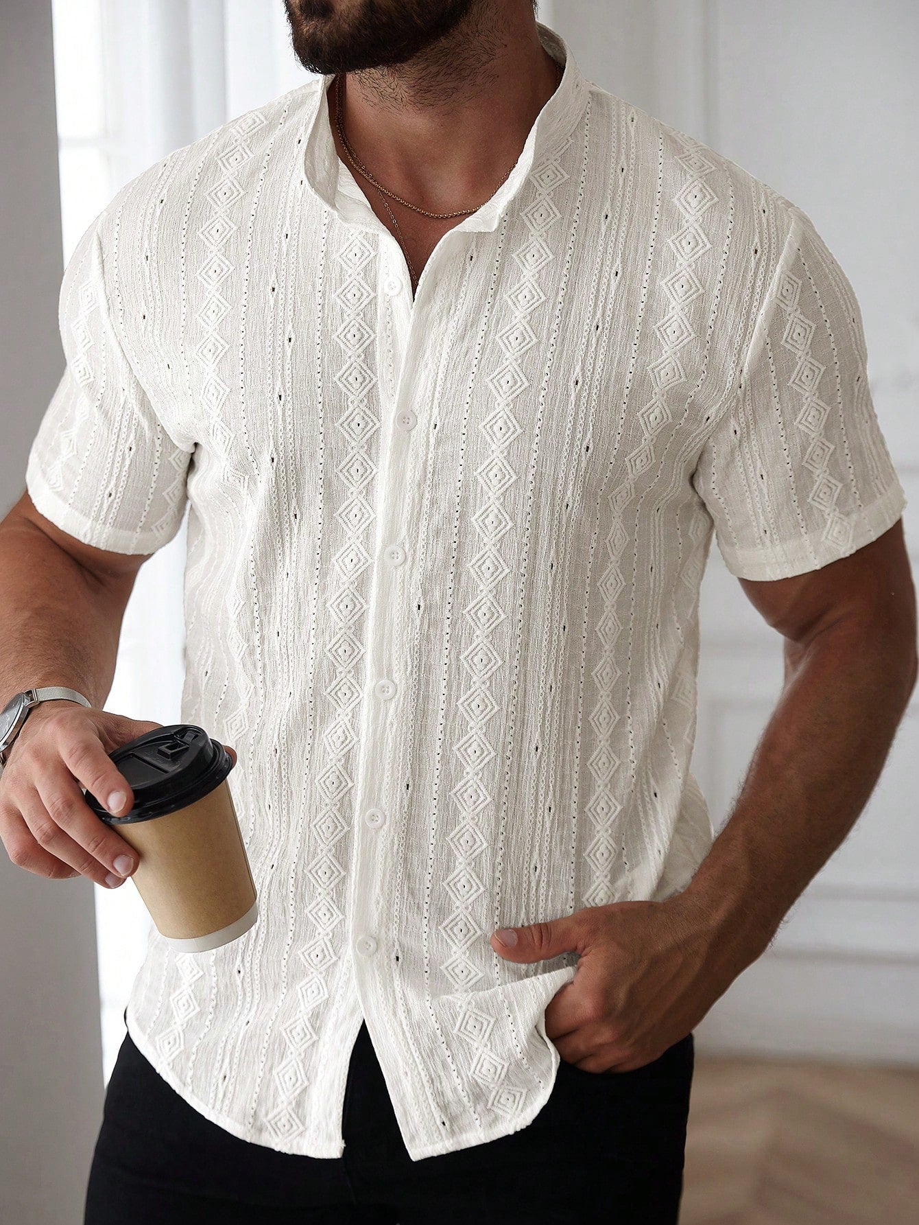 Camisa Masculina De Botão Renda Trabalhada Estilo Leve Branco / PP Camisa Masculina De Botão Renda Trabalhada Estilo