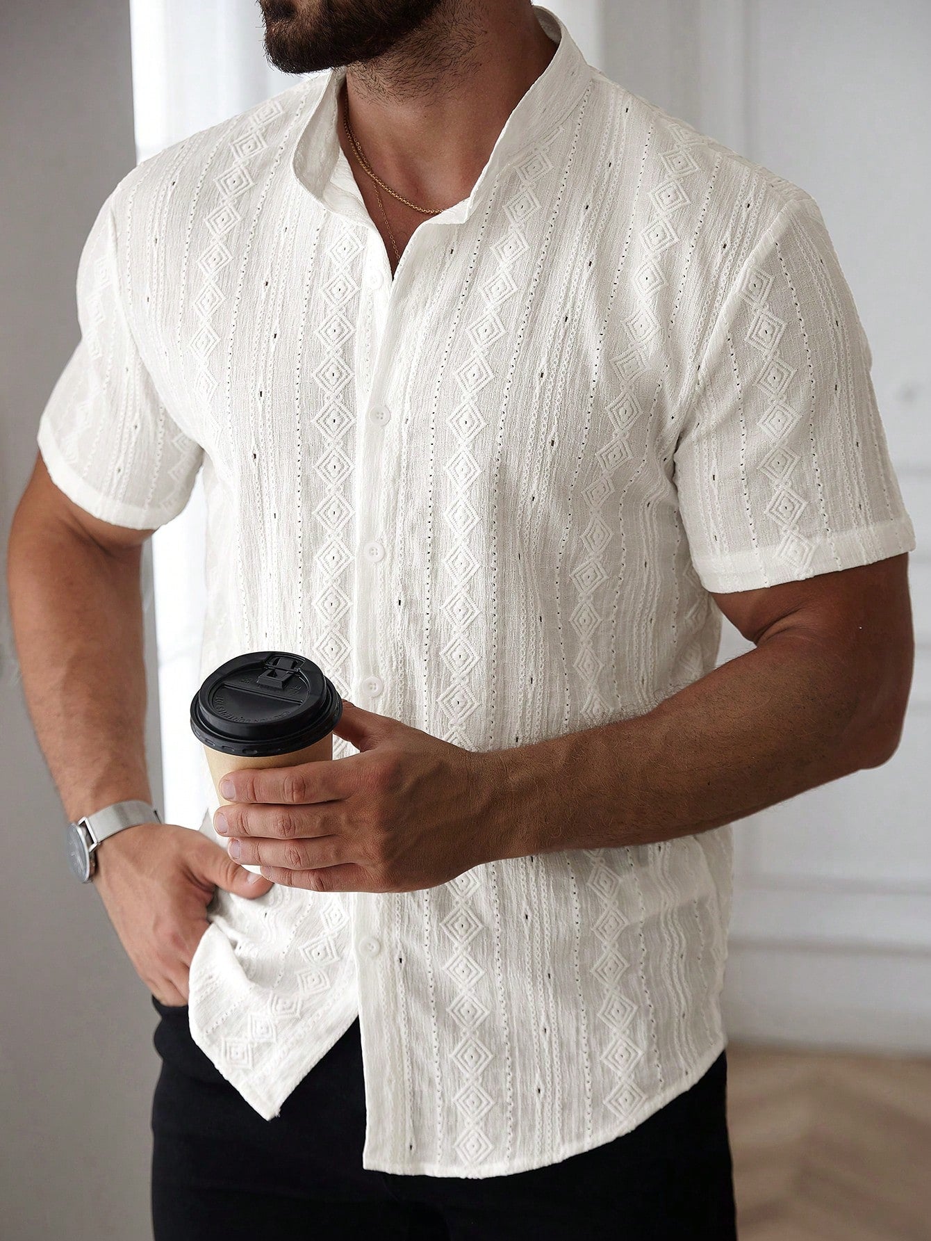 Camisa Masculina De Botão Renda Trabalhada Estilo Leve Camisa Masculina De Botão Renda Trabalhada Estilo Leve