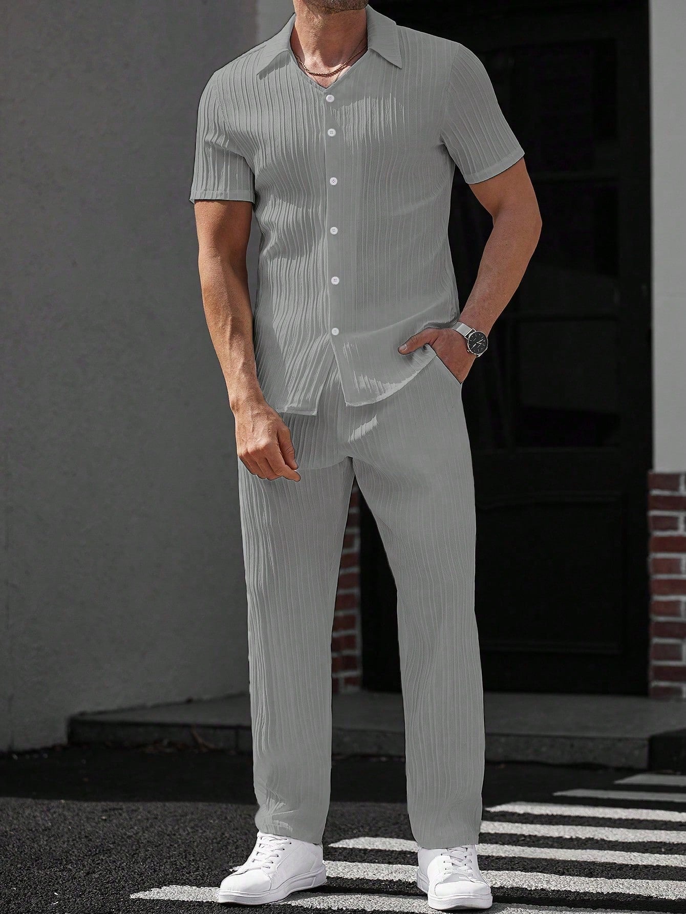 Conjunto Masculino Camisa Canelada E Calça Reta Minimalista Cinza / PP Conjunto Masculino Camisa Canelada E Calça Reta