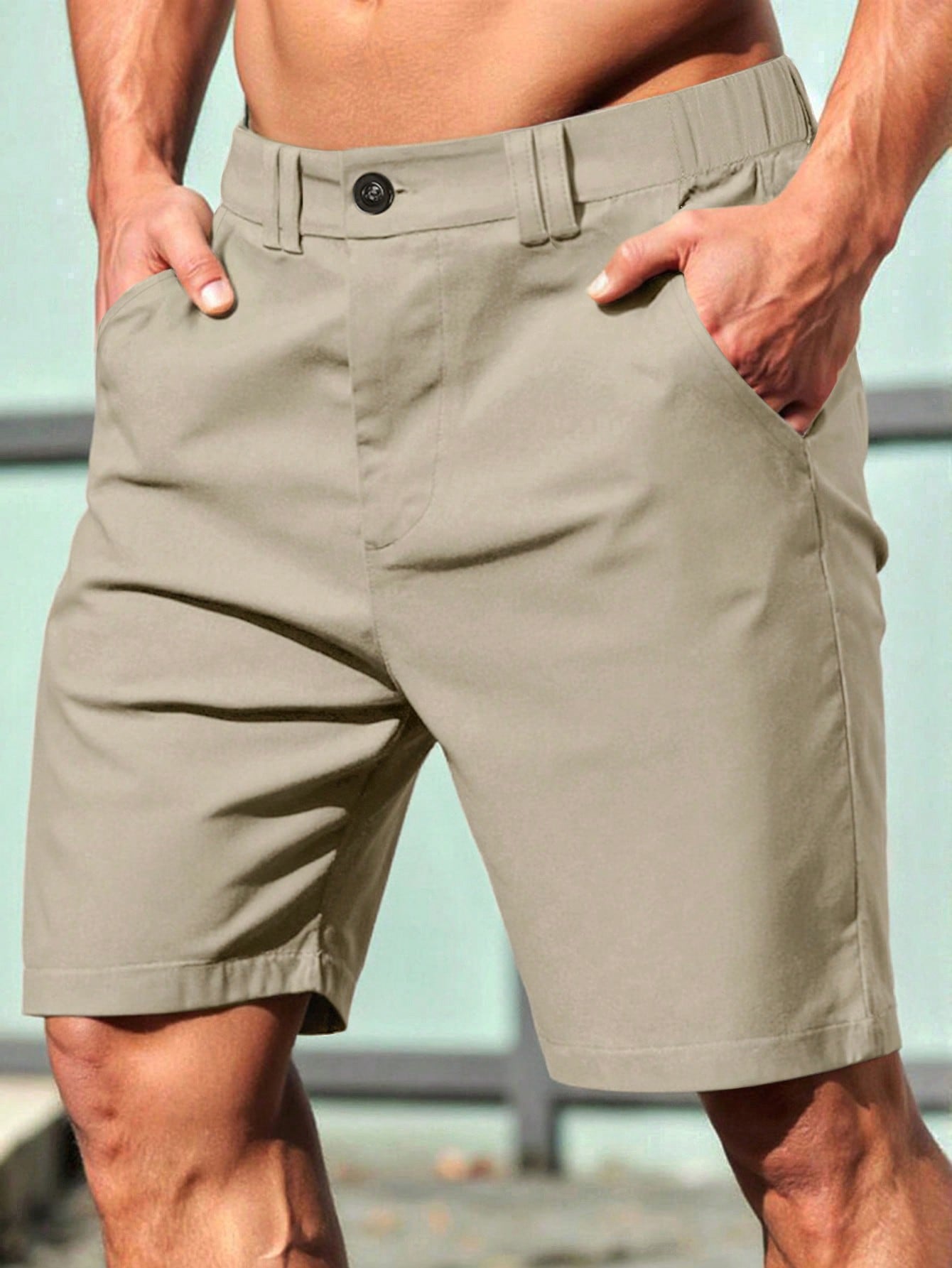 Shorts Masculino Casual Versátil Com Cós De Elástico Caqui / PP Shorts Masculino Casual Versátil Com Cós De Elástico