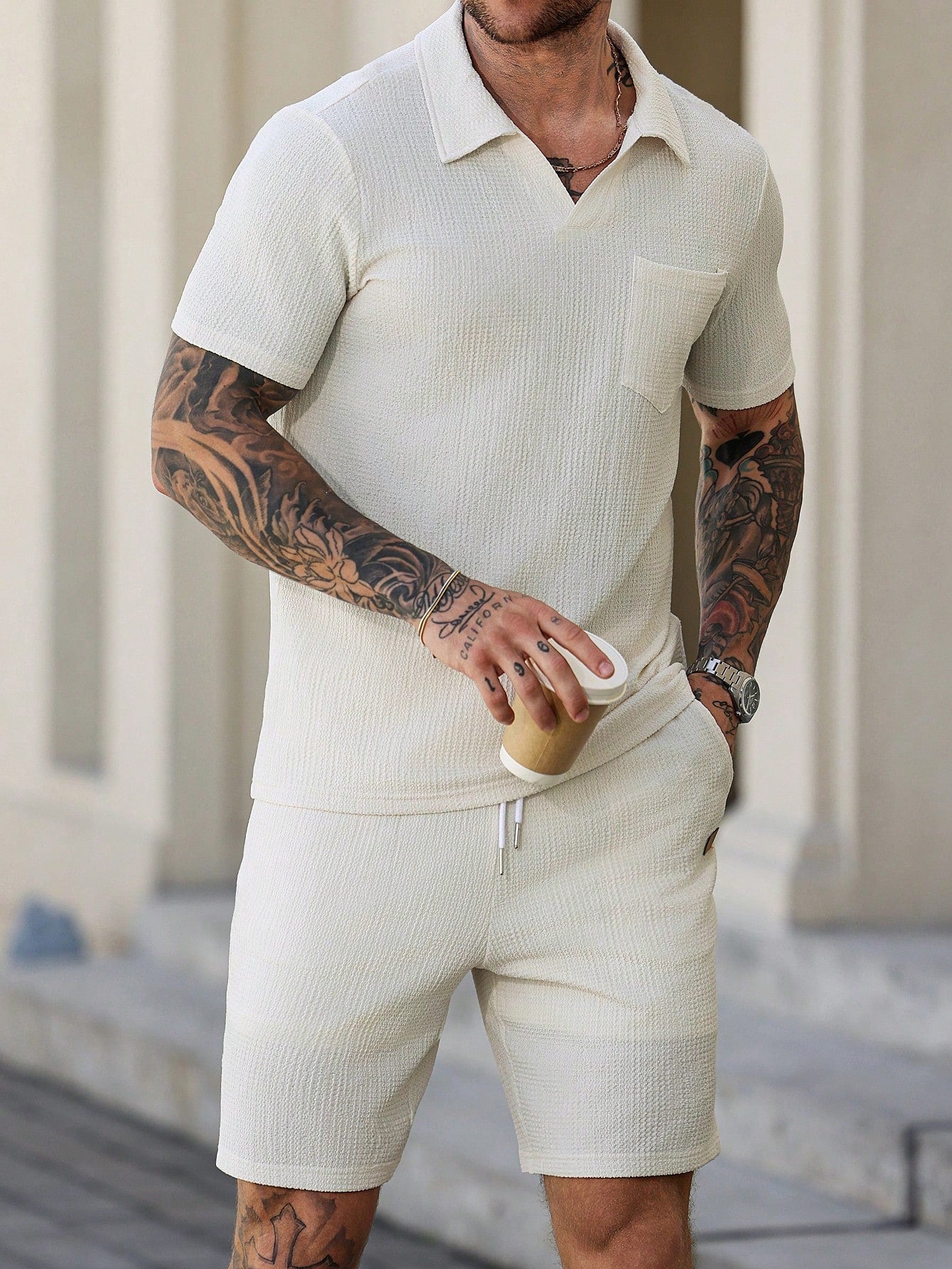 Conjunto Masculino Polo Jacquard E Shorts Cós Ajustável Damasco / PP Conjunto Masculino Polo Jacquard E Shorts Cós