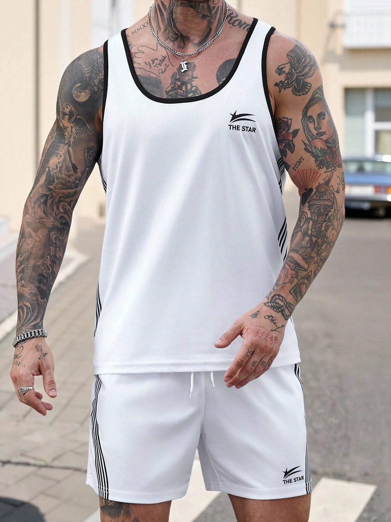 Conjunto Masculino Regata Esportiva Listrada E Shorts Cós Ajustável Conjunto Masculino Regata Esportiva Listrada E