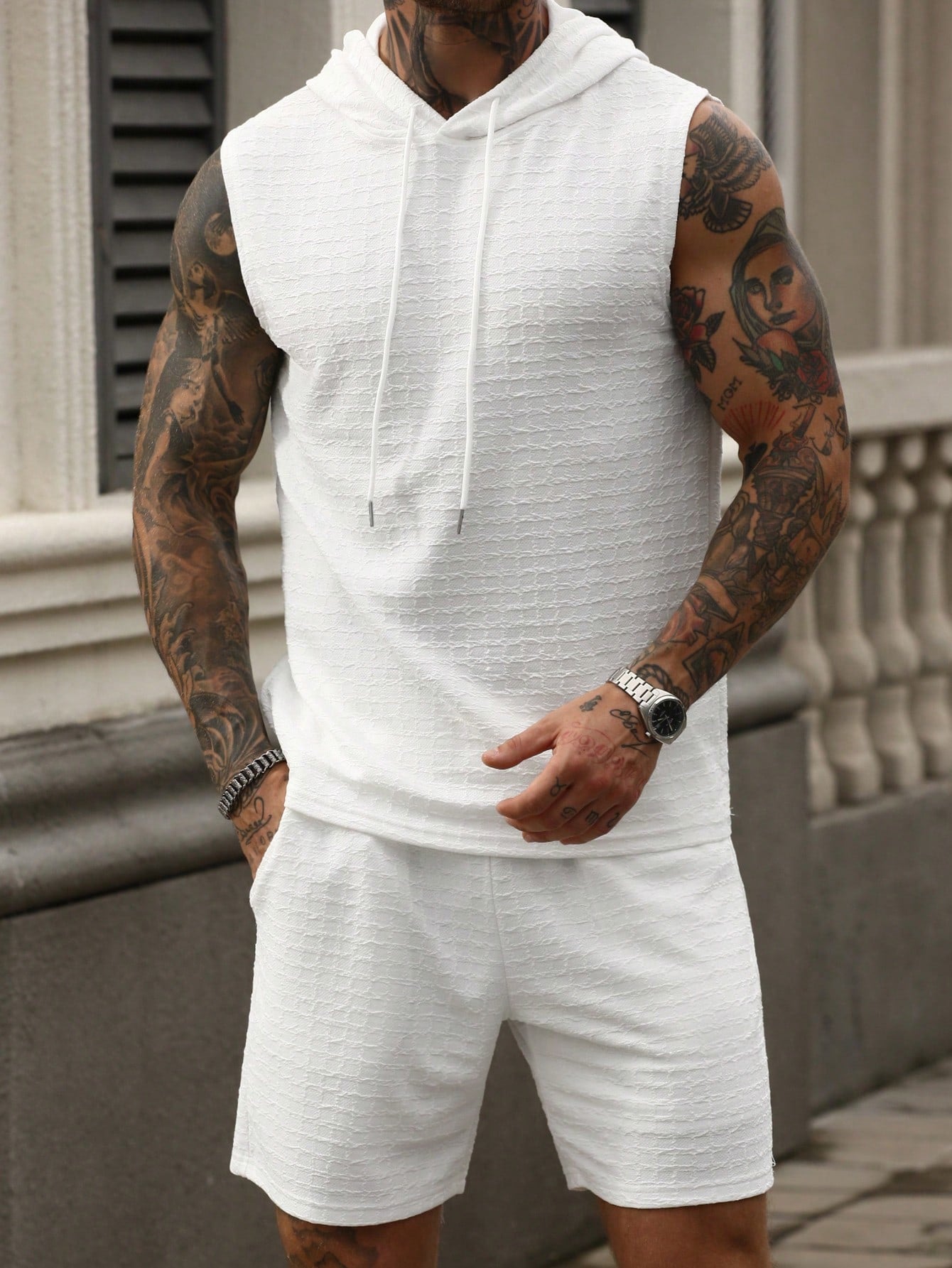 Conjunto Masculino Regata Jacquard Com Capuz E Shorts Casuais Branco / PP Conjunto Masculino Regata Jacquard Com Capuz