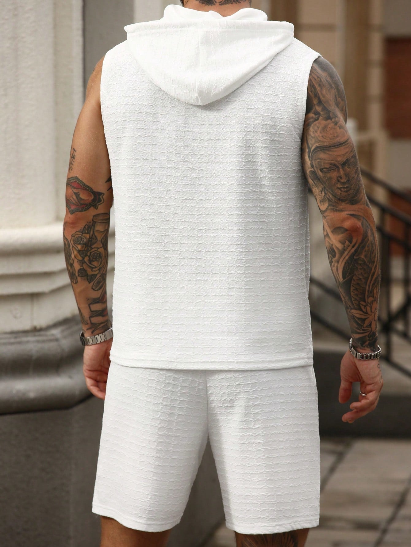 Conjunto Masculino Regata Jacquard Com Capuz E Shorts Casuais Conjunto Masculino Regata Jacquard Com Capuz E Shorts