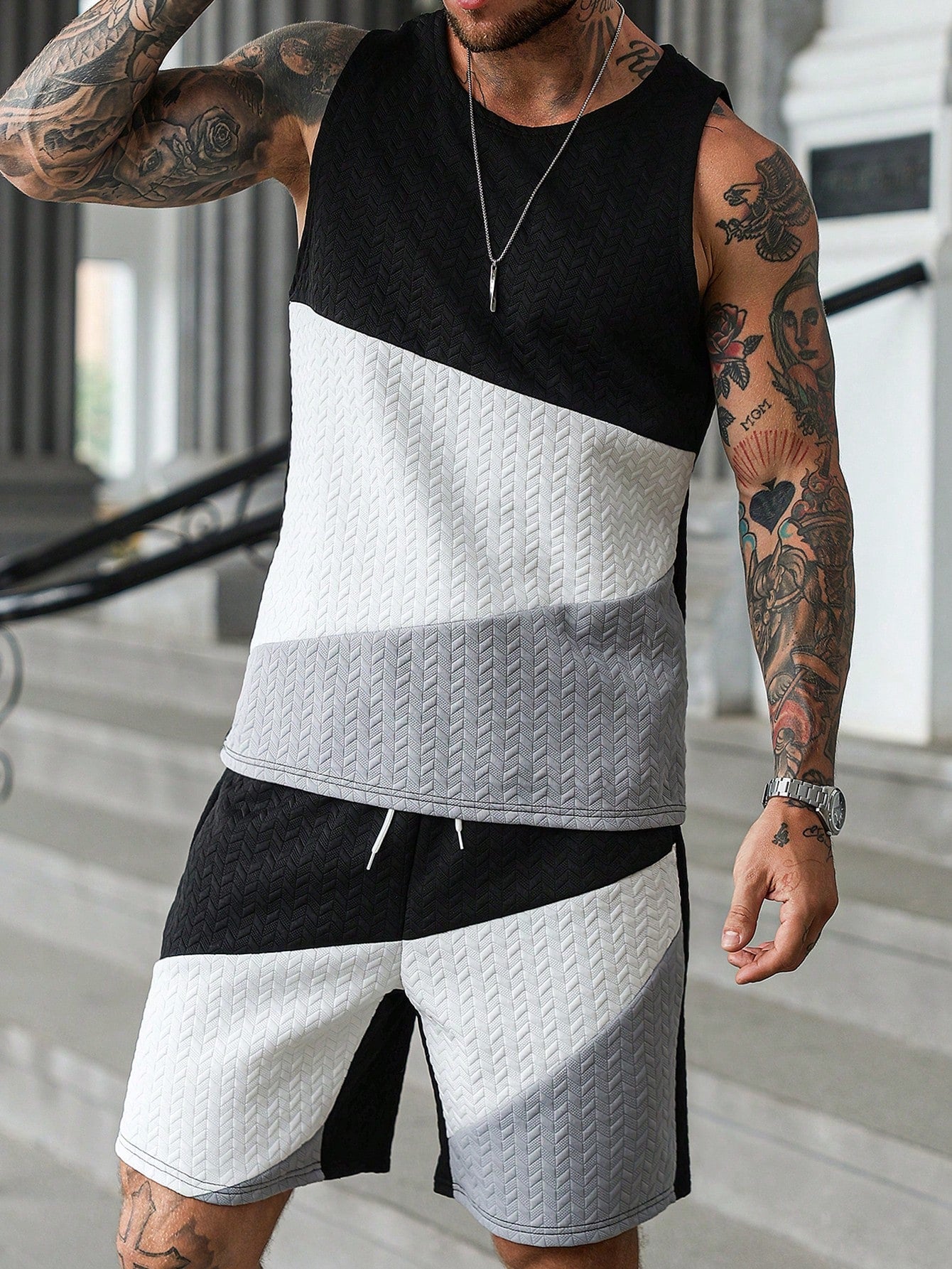 Conjunto Masculino Regata Color Block Tricolor E Shorts Cós Ajustável Conjunto Masculino Regata Color Block Tricolor E