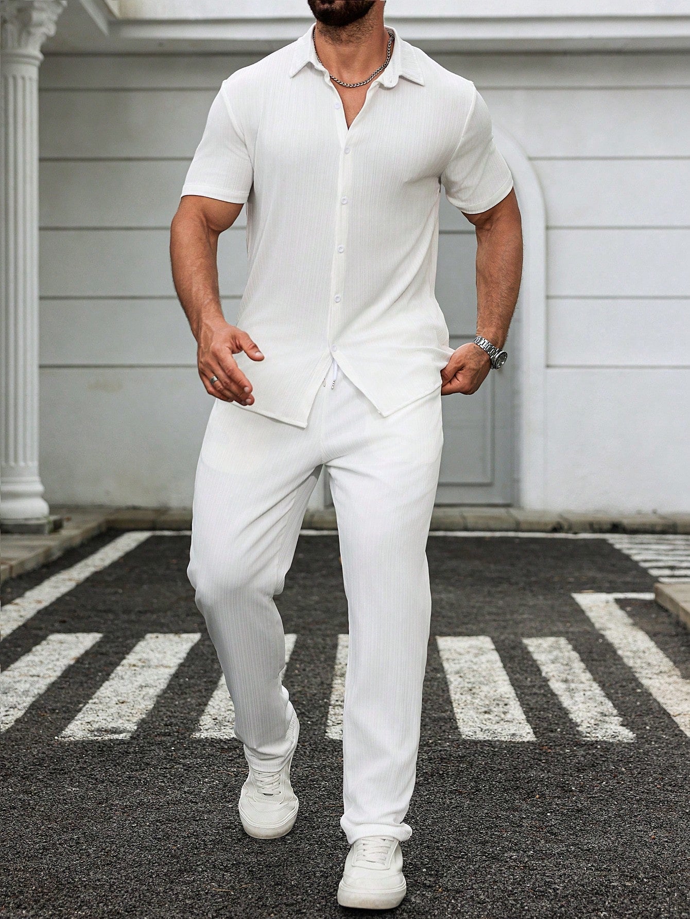 Conjunto Masculino Minimalista Com Blusa Lisa E Calça Casual Branco / PP Conjunto Masculino Minimalista Com Blusa Lisa