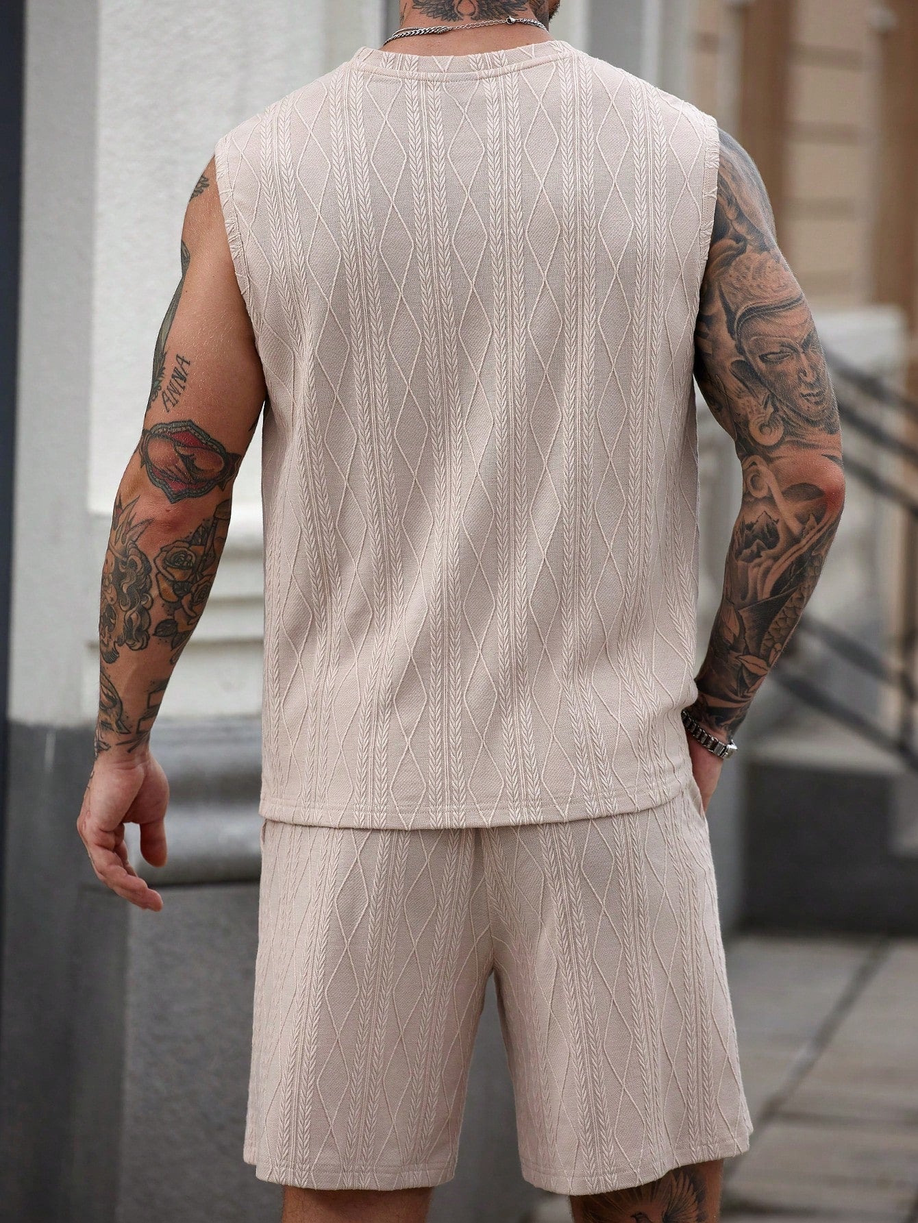 Conjunto Masculino Regata Texturizada Geométrica E Shorts Cós Ajustável Conjunto Masculino Regata Texturizada