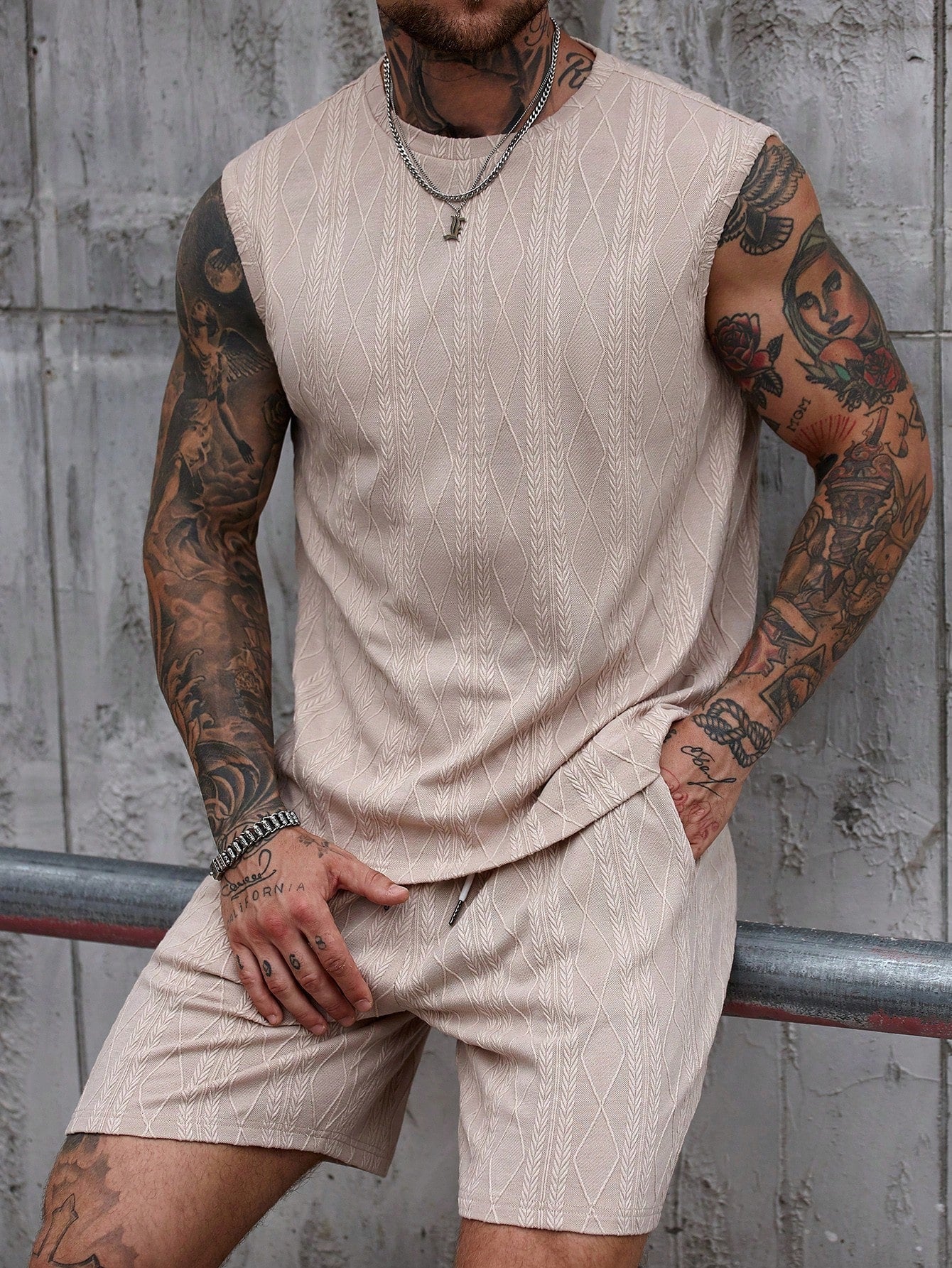 Conjunto Masculino Regata Texturizada Geométrica E Shorts Cós Ajustável Conjunto Masculino Regata Texturizada