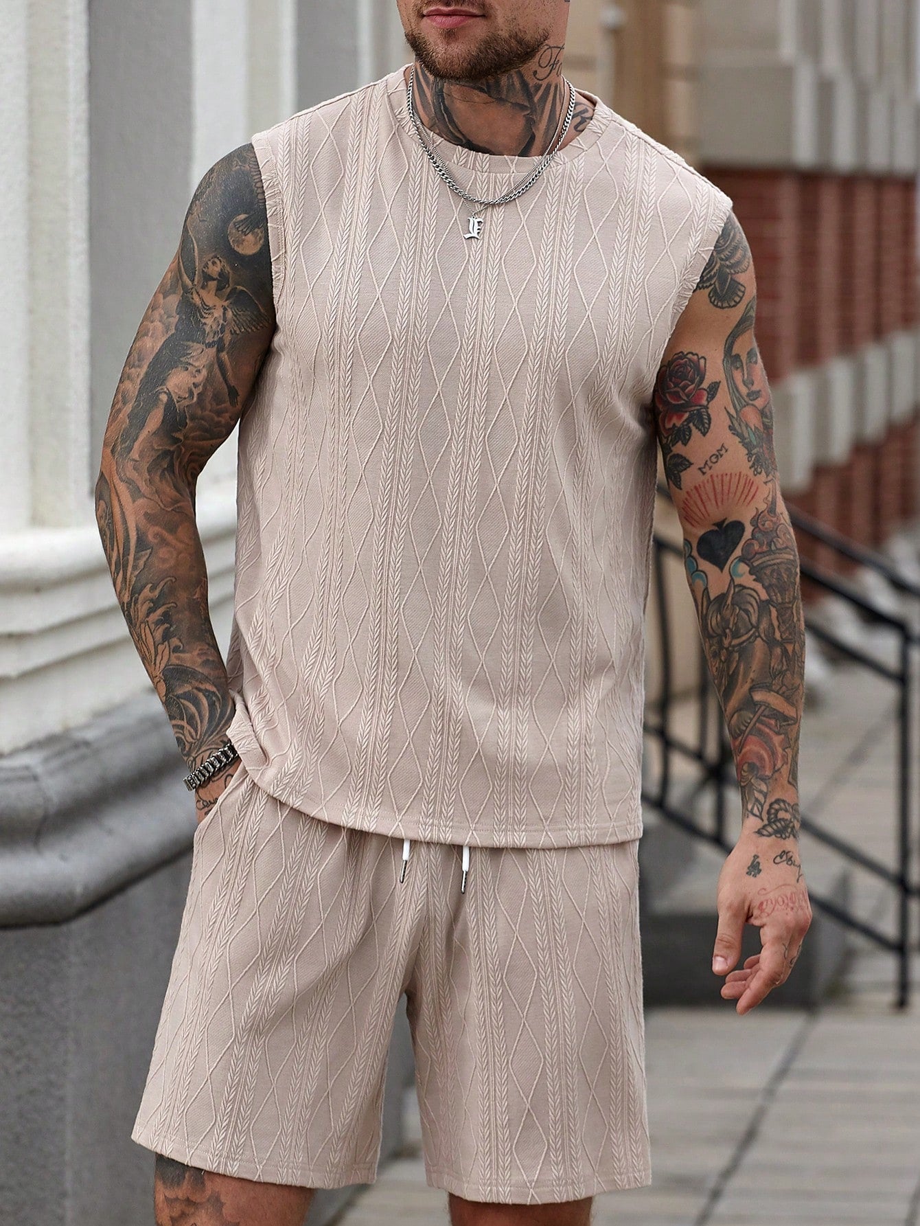 Conjunto Masculino Regata Texturizada Geométrica E Shorts Cós Ajustável Conjunto Masculino Regata Texturizada