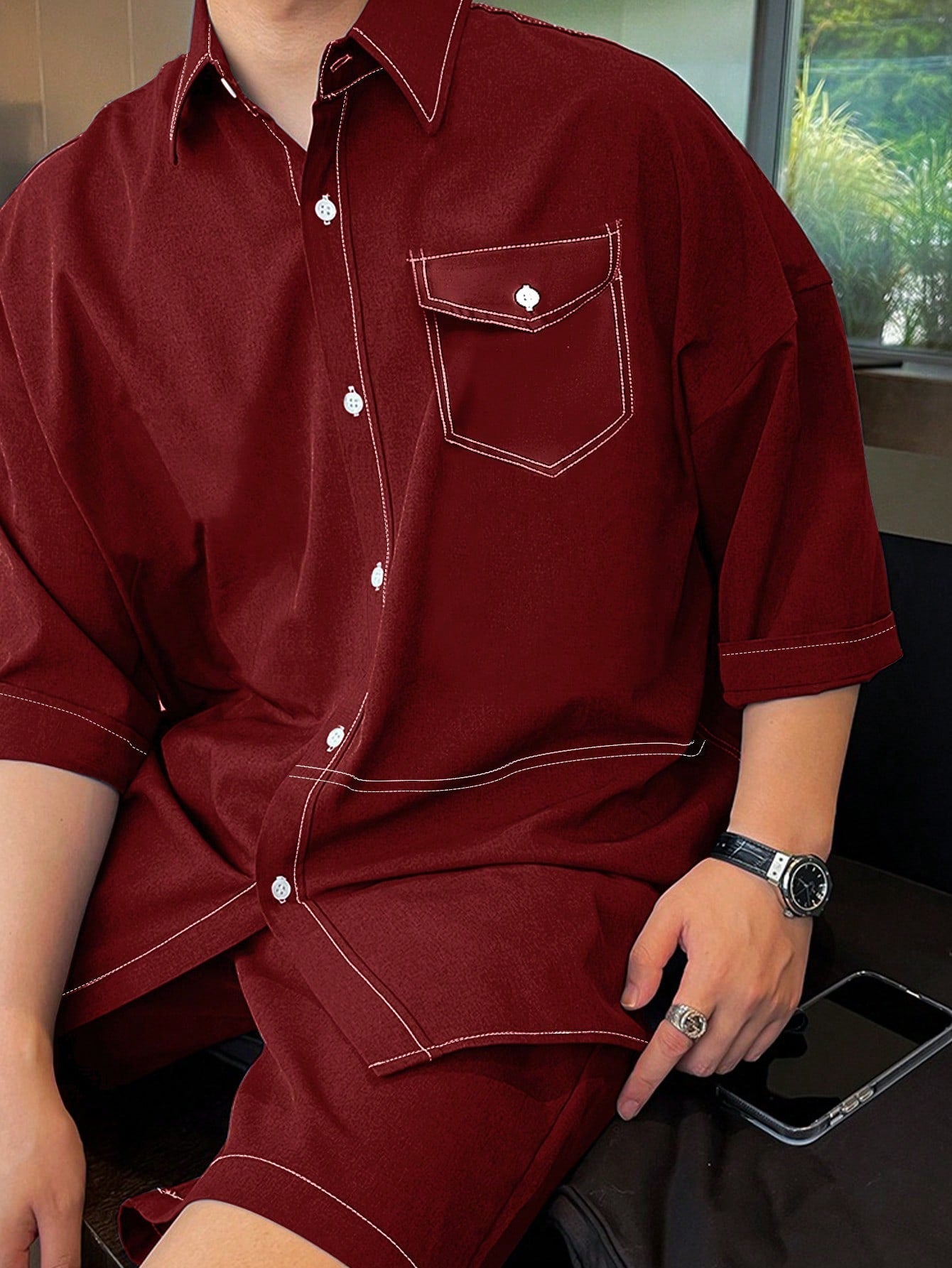 Conjunto Masculino Camisa Botões Frontais E Shorts Com Bolso Vinho / PP Conjunto Masculino Camisa Botões Frontais E