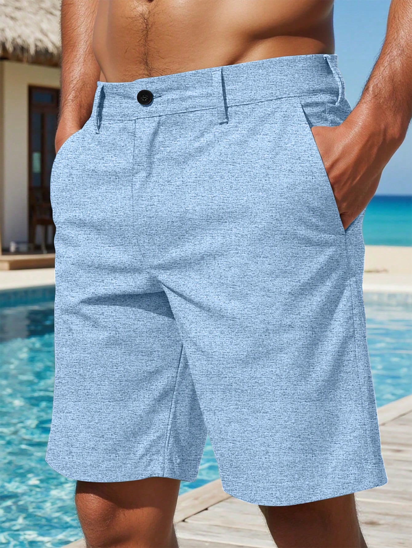 Shorts Masculino Linho Com Bolsos Diagonais E Caimento Solto Azul Bebê / PP Shorts Masculino Casual Com Bolsos Laterais