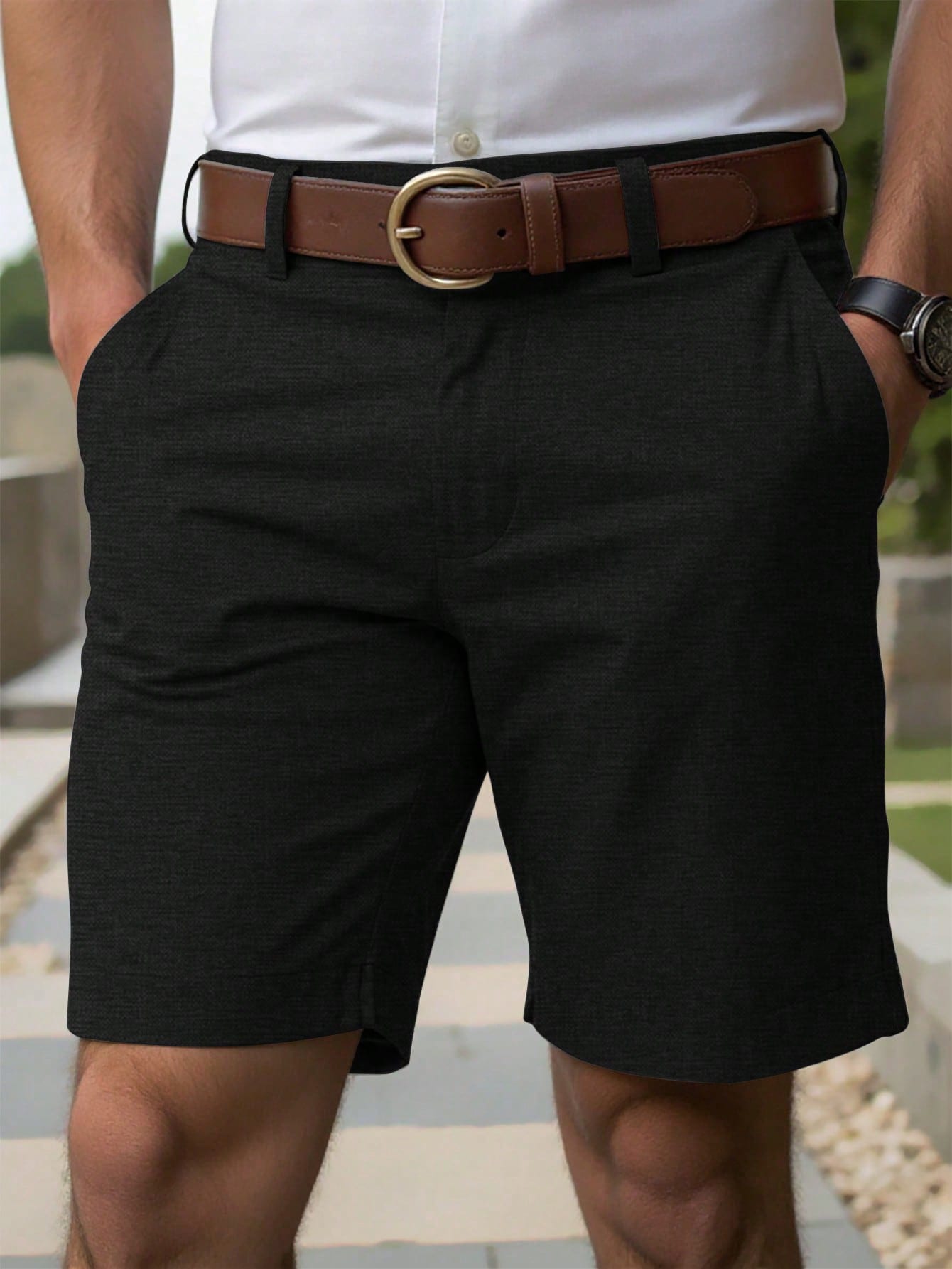 Shorts Masculino Linho Com Bolsos Diagonais E Caimento Solto Shorts Masculino Casual Com Bolsos Laterais E Cós De