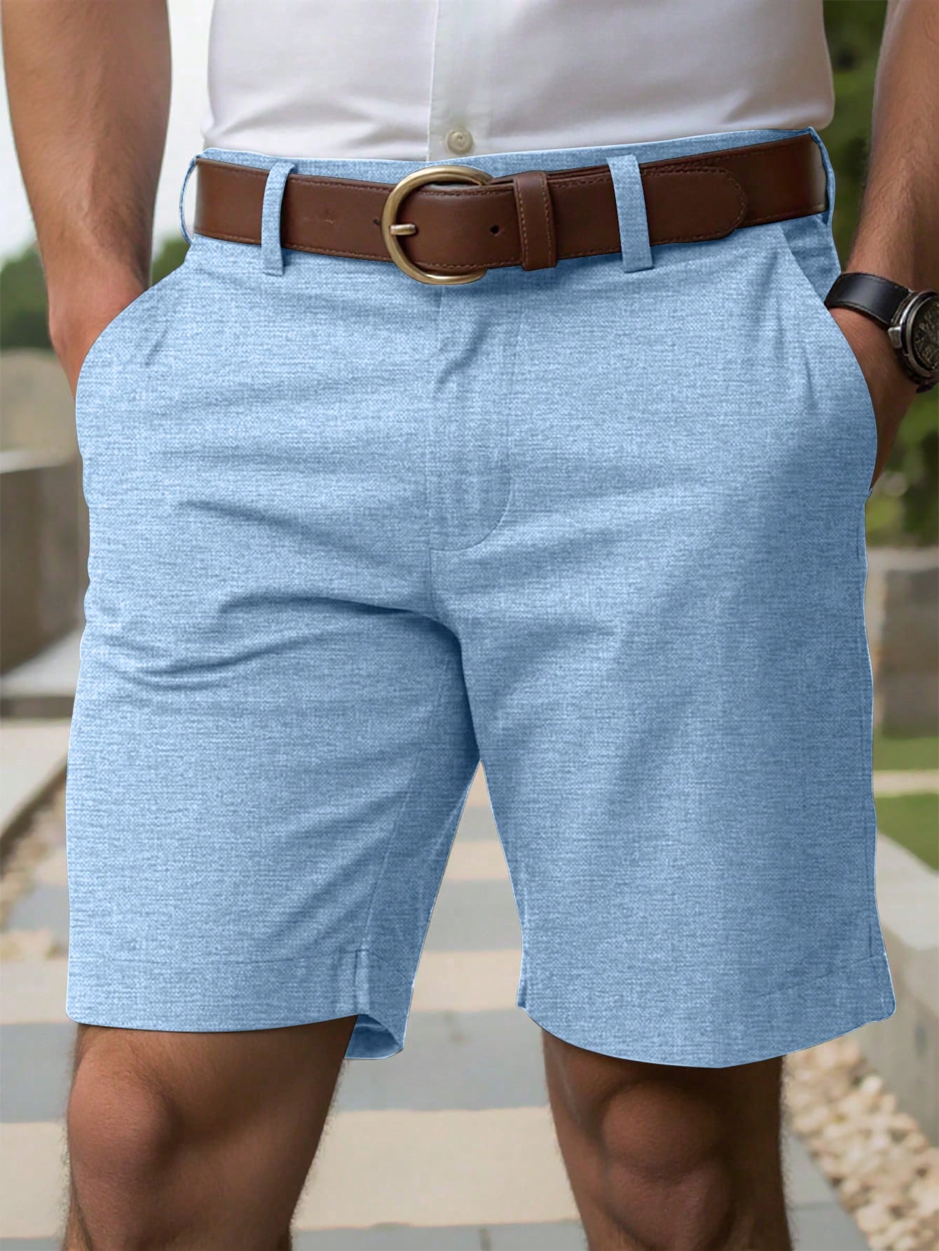 Shorts Masculino Linho Com Bolsos Diagonais E Caimento Solto Shorts Masculino Casual Com Bolsos Laterais E Cós De