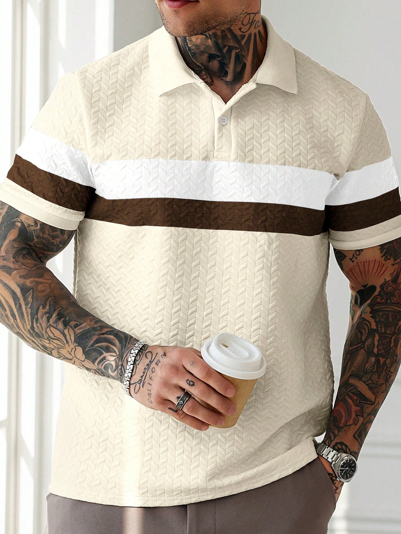 Camisa Polo Masculina Texturizada Listras Elegantes Damasco / PP Camisa Polo Masculina Texturizada Listras Elegantes