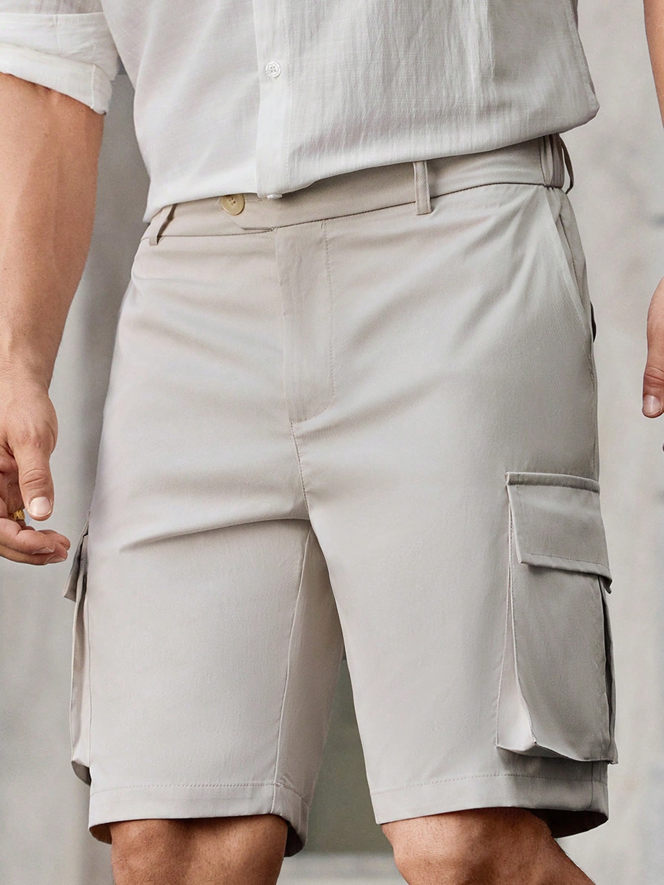 Shorts Masculino Cargo Woven Com Múltiplos Bolsos Funcionais Bege / PP Shorts Masculino Cargo Woven Com Múltiplos