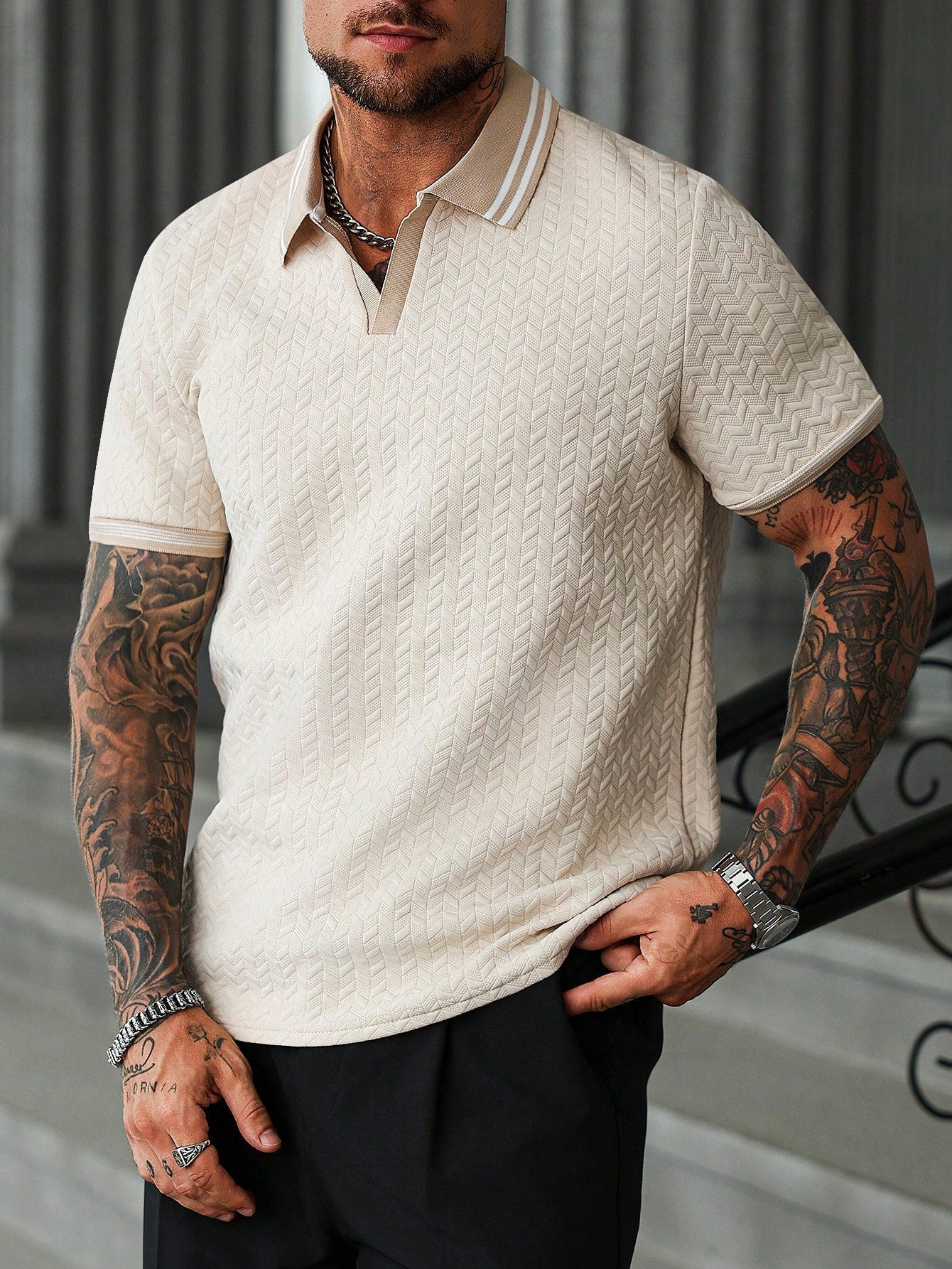 Camisa Polo Masculina Em Blocos Textura De Alta Classe Damasco / PP Camisa Polo Masculina Em Blocos Textura De Alta