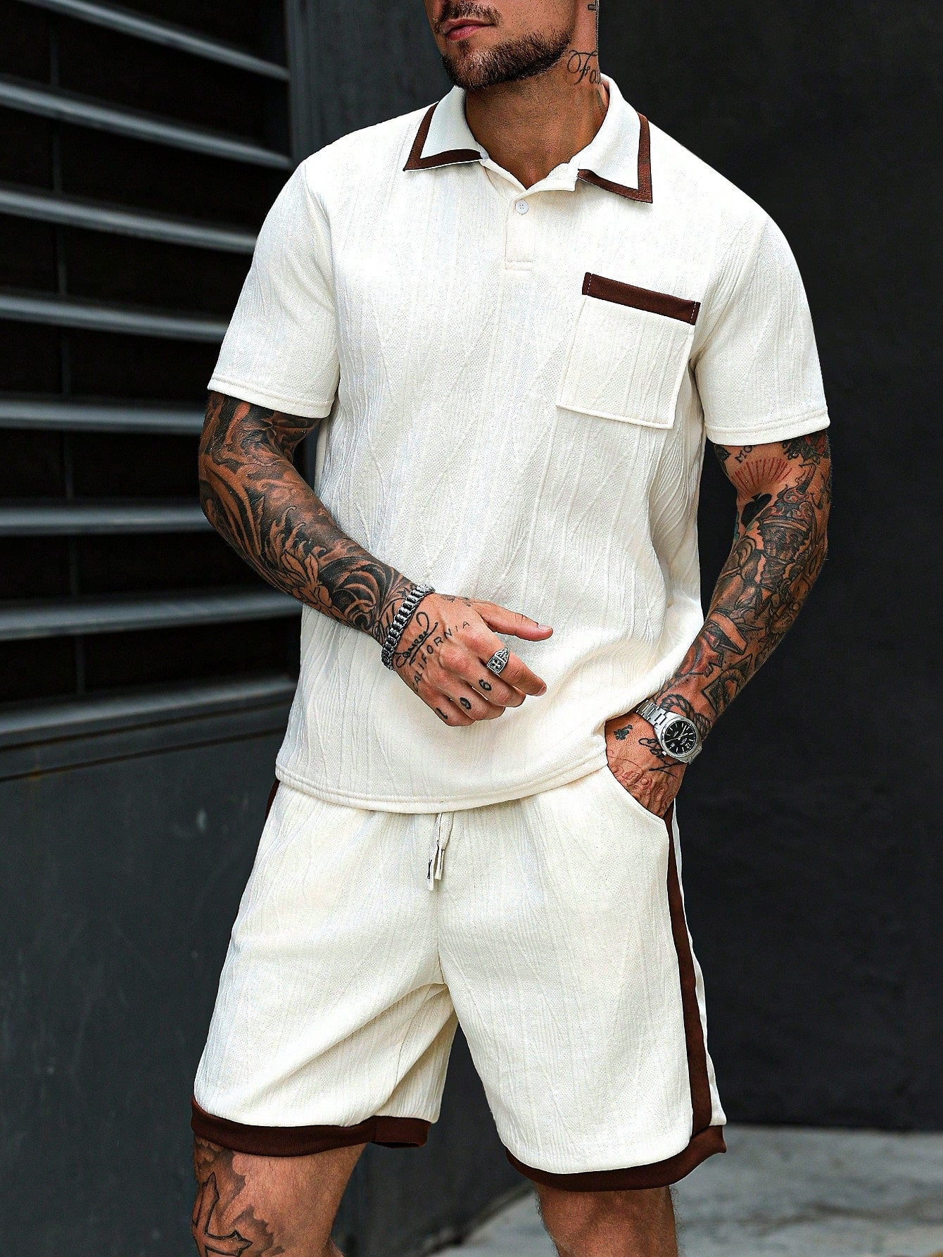 Conjunto Masculino Polo Texturizada E Shorts Com Listras Branco / PP Conjunto Masculino Polo Texturizada E Shorts Com