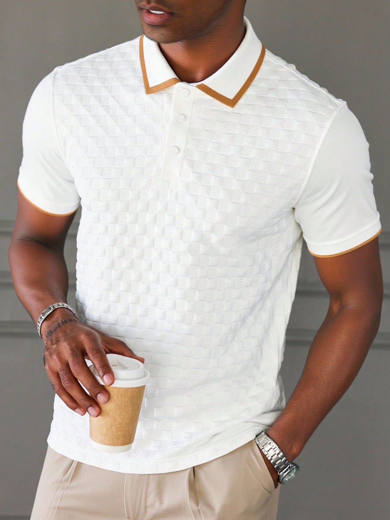 Camisa Polo Masculina Texturizada Gola Contrastante Branco / PP Camisa Polo Masculina Texturizada Gola Contrastante