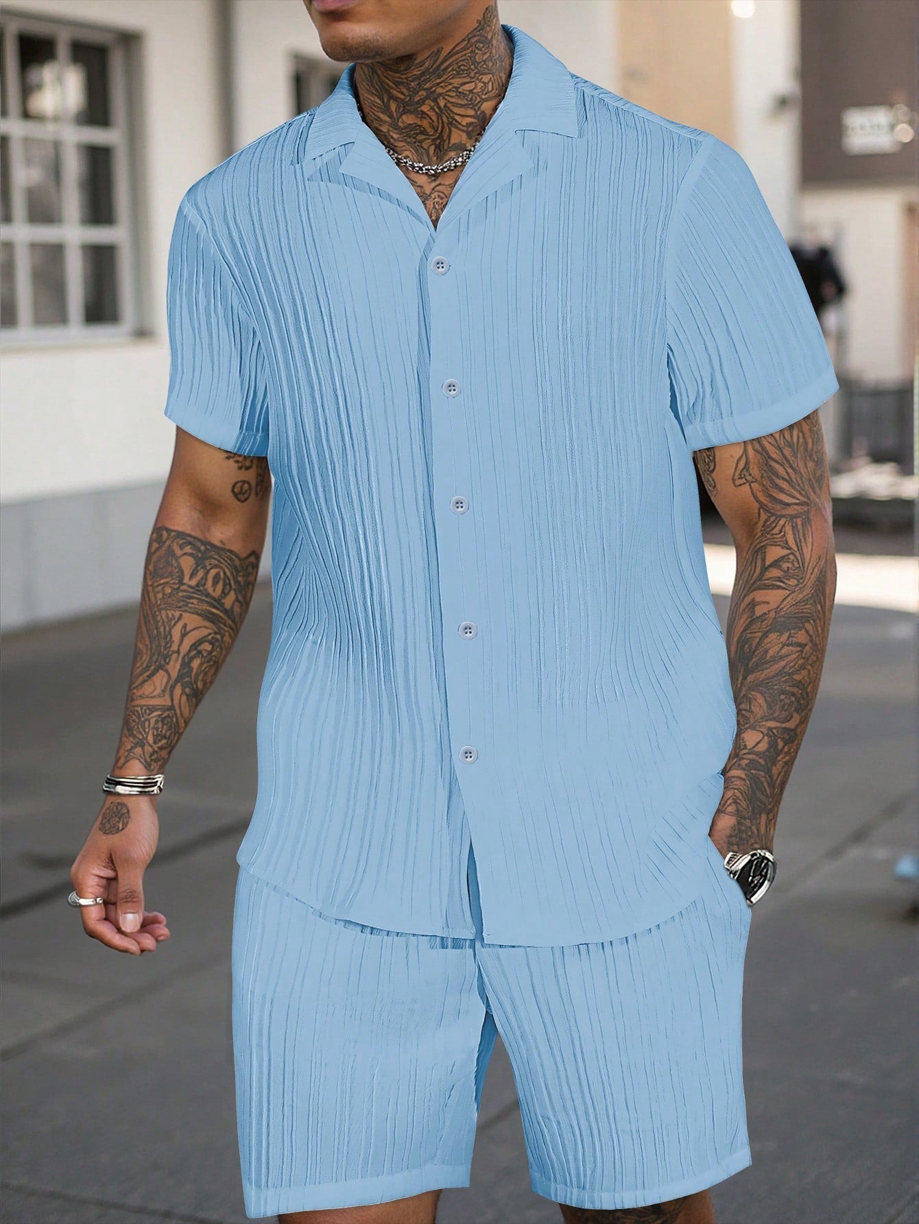 Conjunto Masculino Shorts Estilo Casual E Camisa Botões Simples Azul Bebê / PP Conjunto Masculino Shorts Estilo Casual