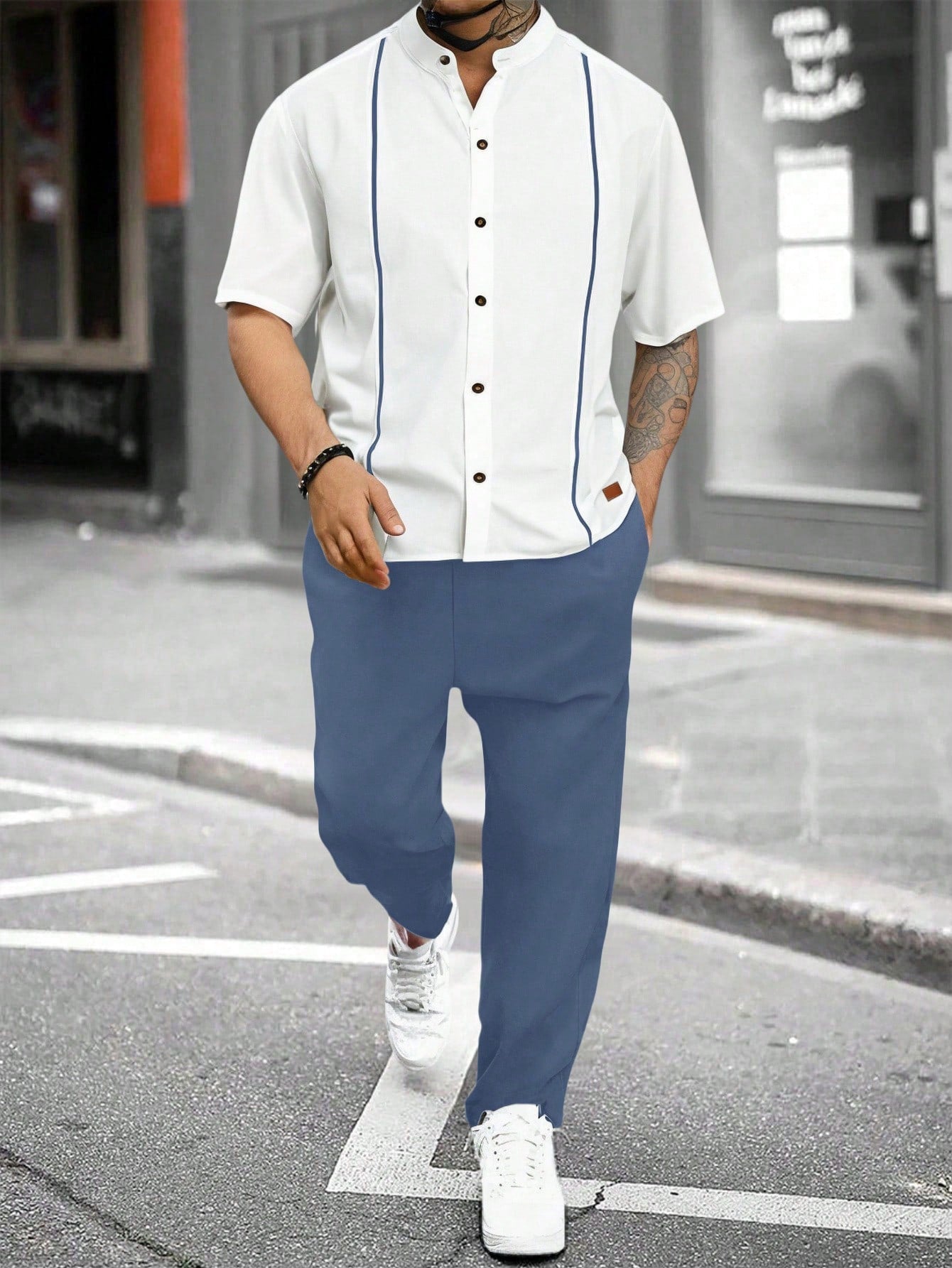 Conjunto Masculino Camisa Manga Curta E Calça Casual Versátil Azul Royal / PP Conjunto Masculino Camisa Manga Curta E