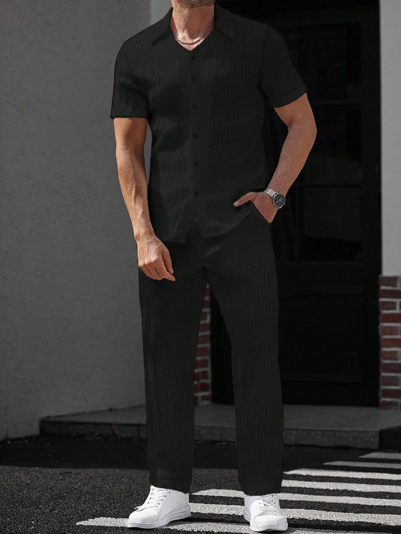 Conjunto Masculino Camisa Canelada E Calça Reta Minimalista Preto / PP Conjunto Masculino Camisa Canelada E Calça Reta