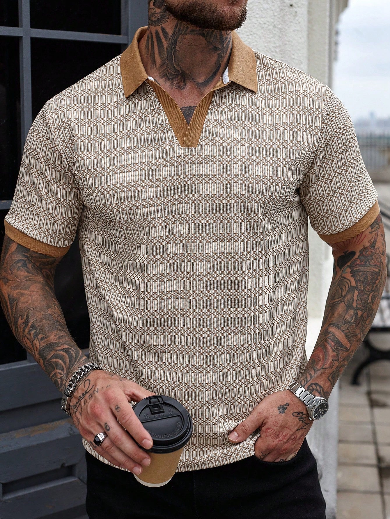 Camisa Polo Masculina Tecido Jacquard Estampa Geométrica Damasco / PP Camisa Polo Masculina Tecido Jacquard Estampa