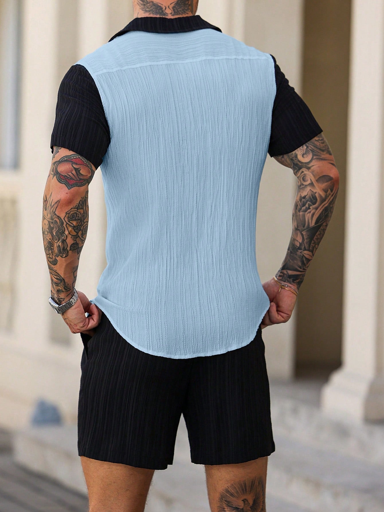 Conjunto Masculino Camisa Patchwork Manga Curta E Shorts Casuais Conjunto Masculino Camisa Patchwork Manga Curta E