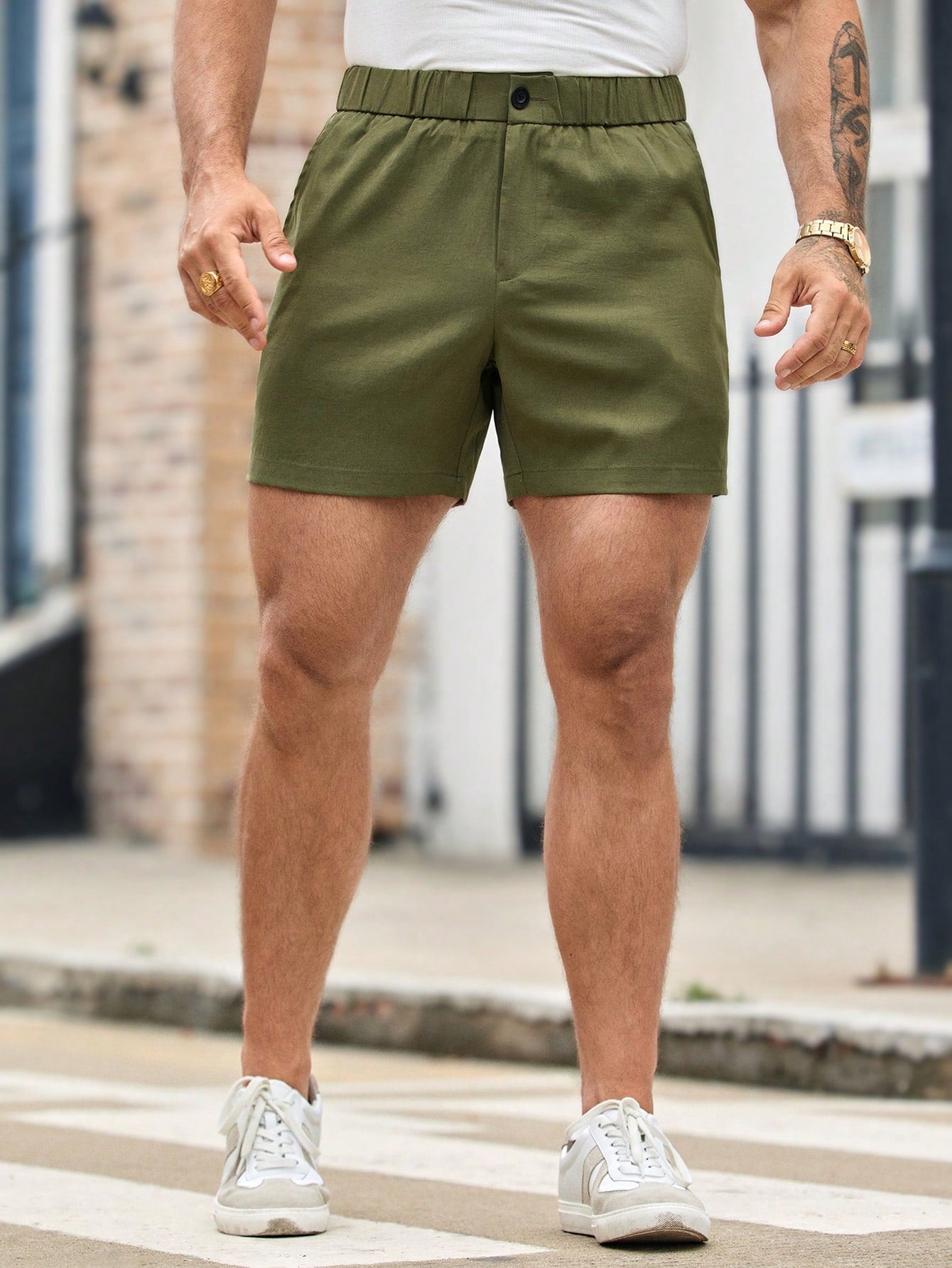 Shorts Masculino Woven Casual Com Cós Médio E Caimento Reto Verde Militar / PP Shorts Masculino Woven Casual Com Cós