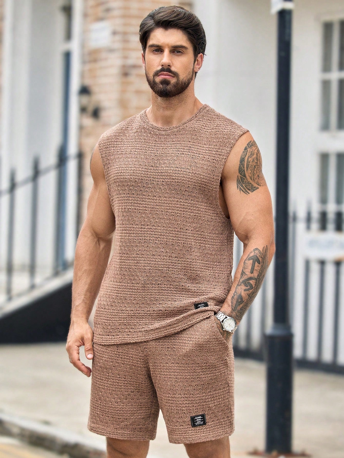 Conjunto Masculino Regata Com Patch E Shorts Ajustáveis Caqui / PP Conjunto Masculino Regata Com Patch E Shorts