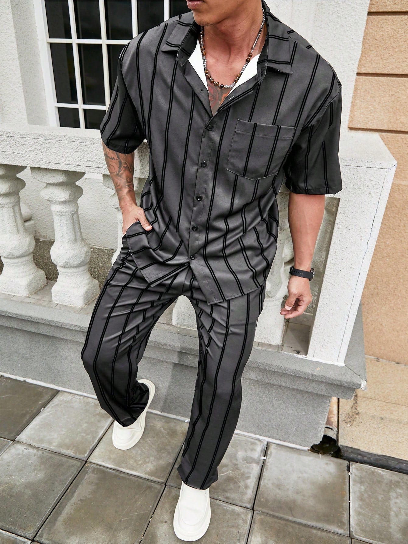 Conjunto Masculino Camisa Listrada E Calça Reta Estilo Verão Conjunto Masculino Camisa Listrada E Calça Reta Estilo