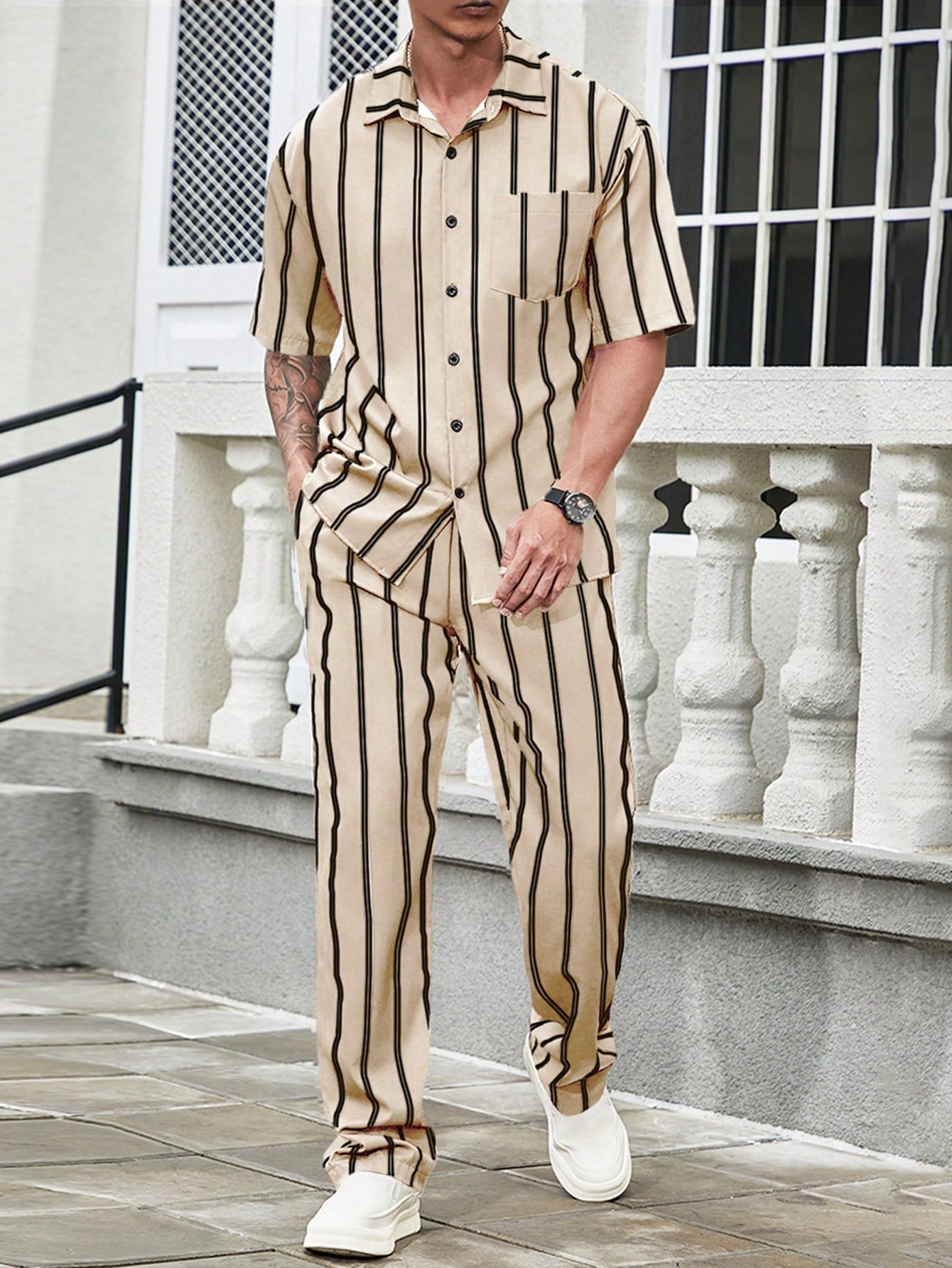 Conjunto Masculino Camisa Listrada E Calça Reta Estilo Verão Damasco / PP Conjunto Masculino Camisa Listrada E Calça