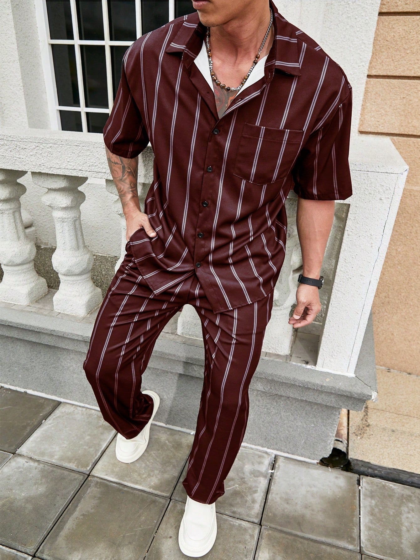 Conjunto Masculino Camisa Listrada E Calça Reta Estilo Verão Conjunto Masculino Camisa Listrada E Calça Reta Estilo