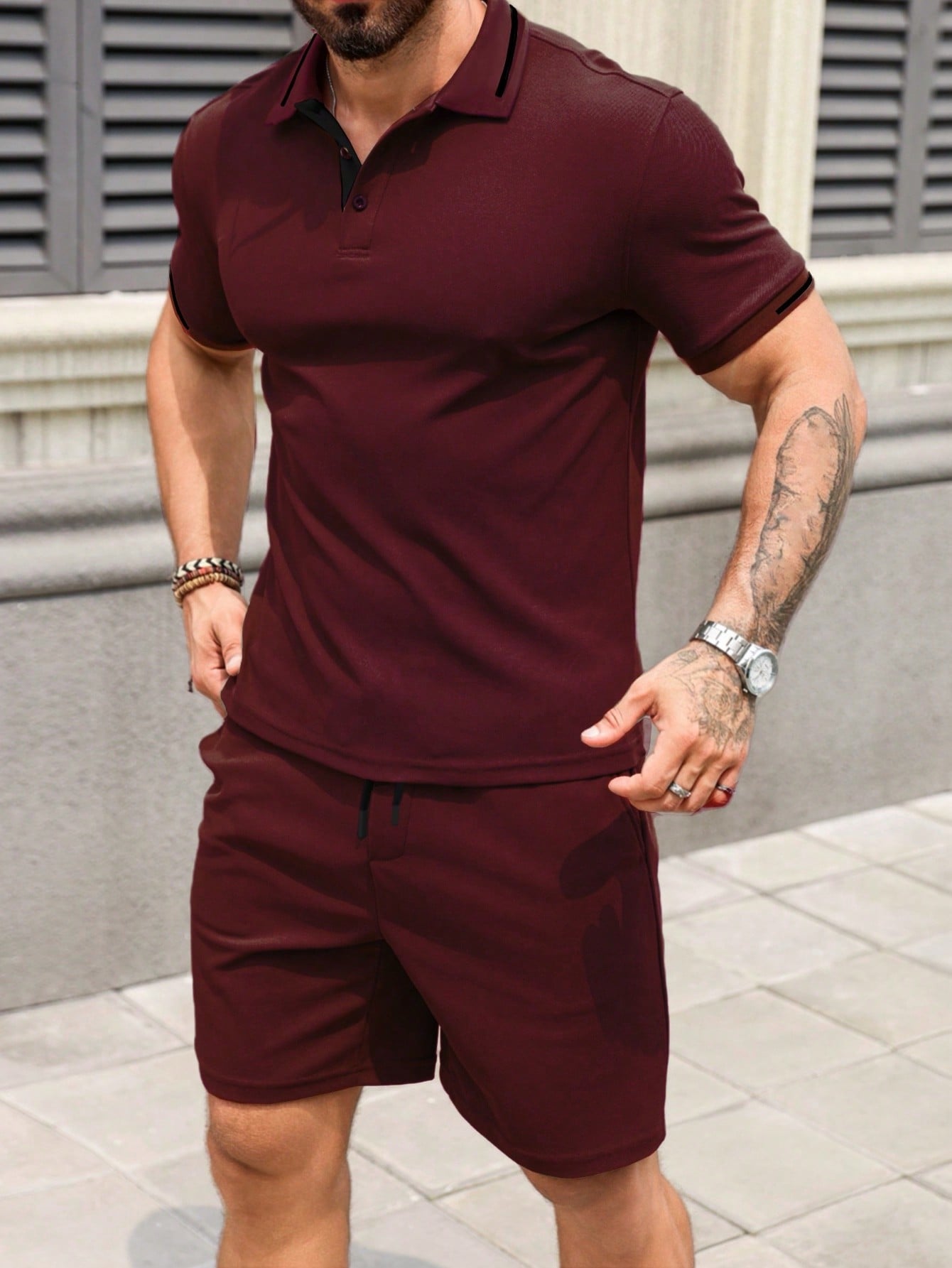 Conjunto Masculino Camisa Polo Abotoamento Simples E Shorts Casuais Vinho / PP Conjunto Masculino Camisa Polo